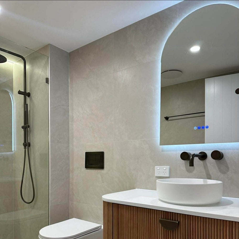 LUNARGLOW ARCADIA ARCH 3 COLOUR LIGHTS FRAMELESS LED MIRROR 600X900MM