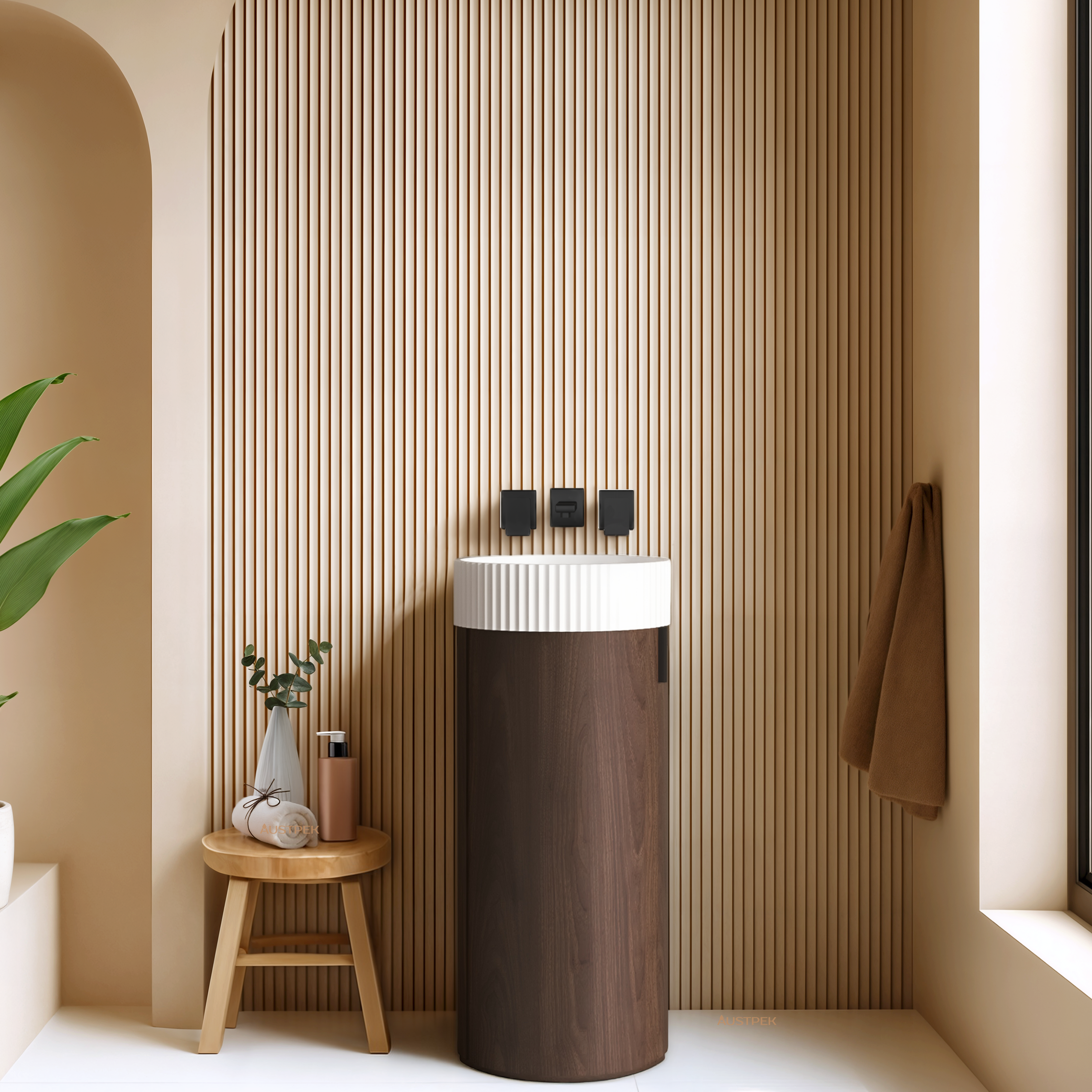 INFINITY FELIX WALNUT 390MM FREESTANDING VANITY WITH FLUTED SOLID SURFACE BASIN