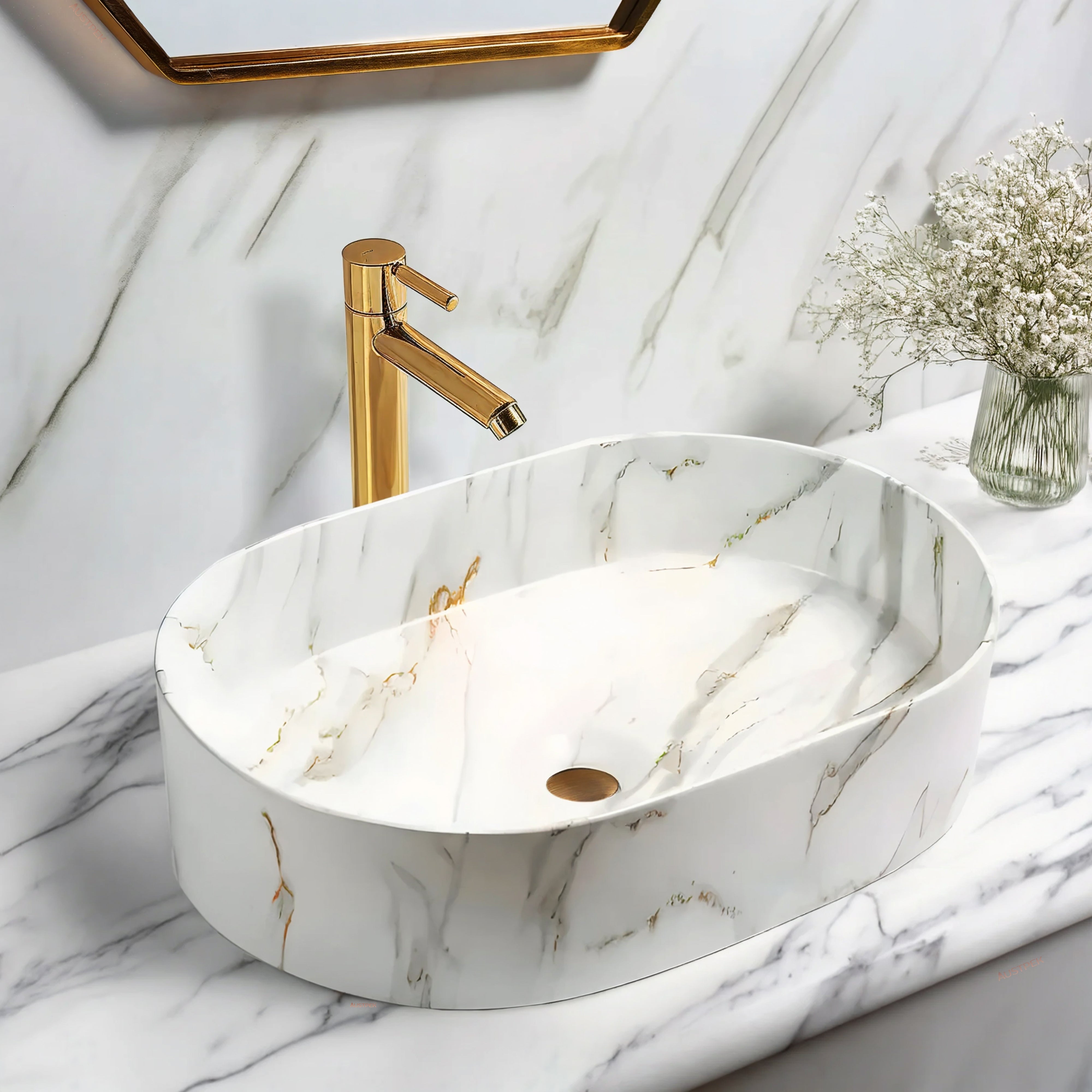 INFINITY ART BASIN CERAMIC MARBLE OVAL MATTE CARRARA 500MM
