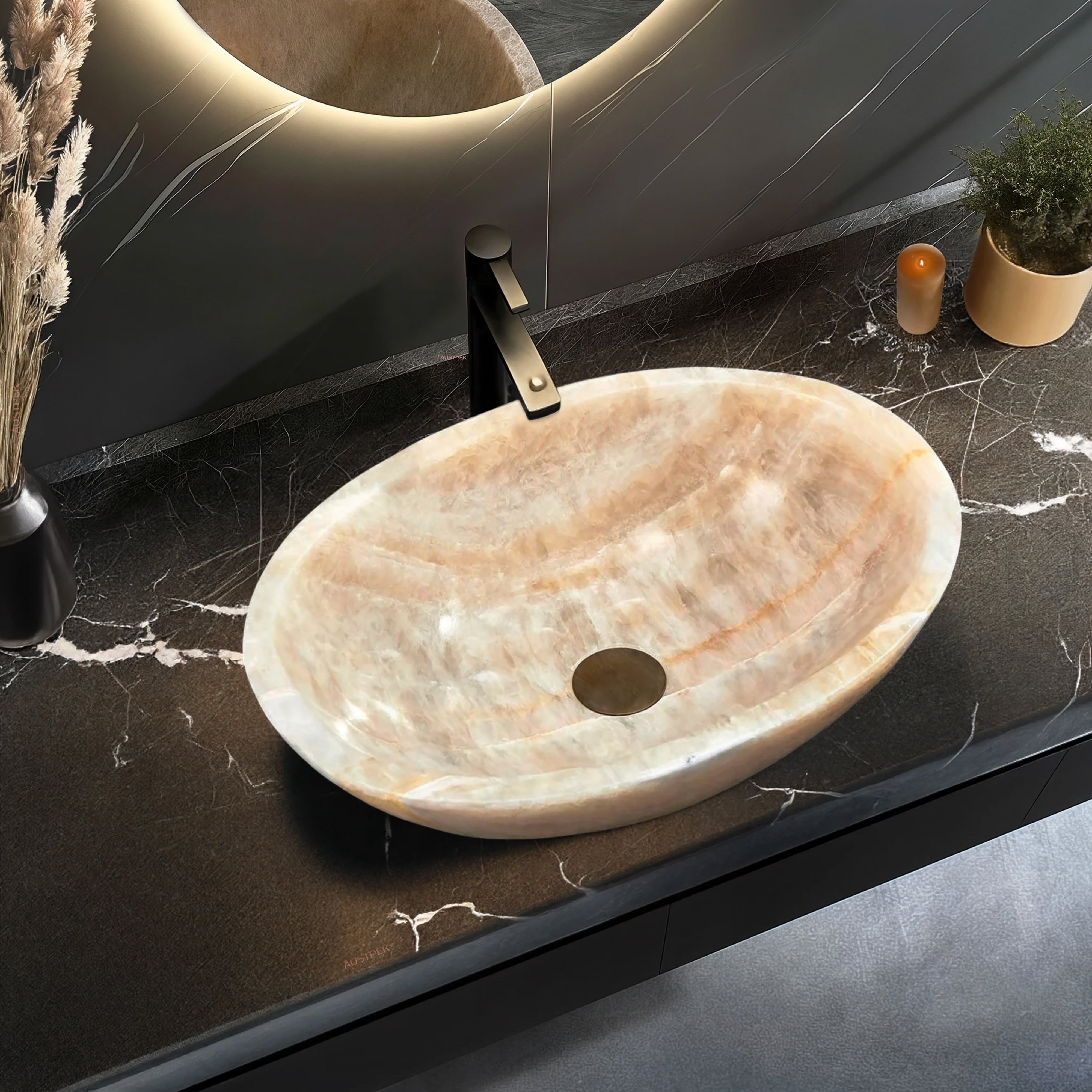 INFINITY ART BASIN NATURE STONE OVAL YELLOW ONYX 480MM
