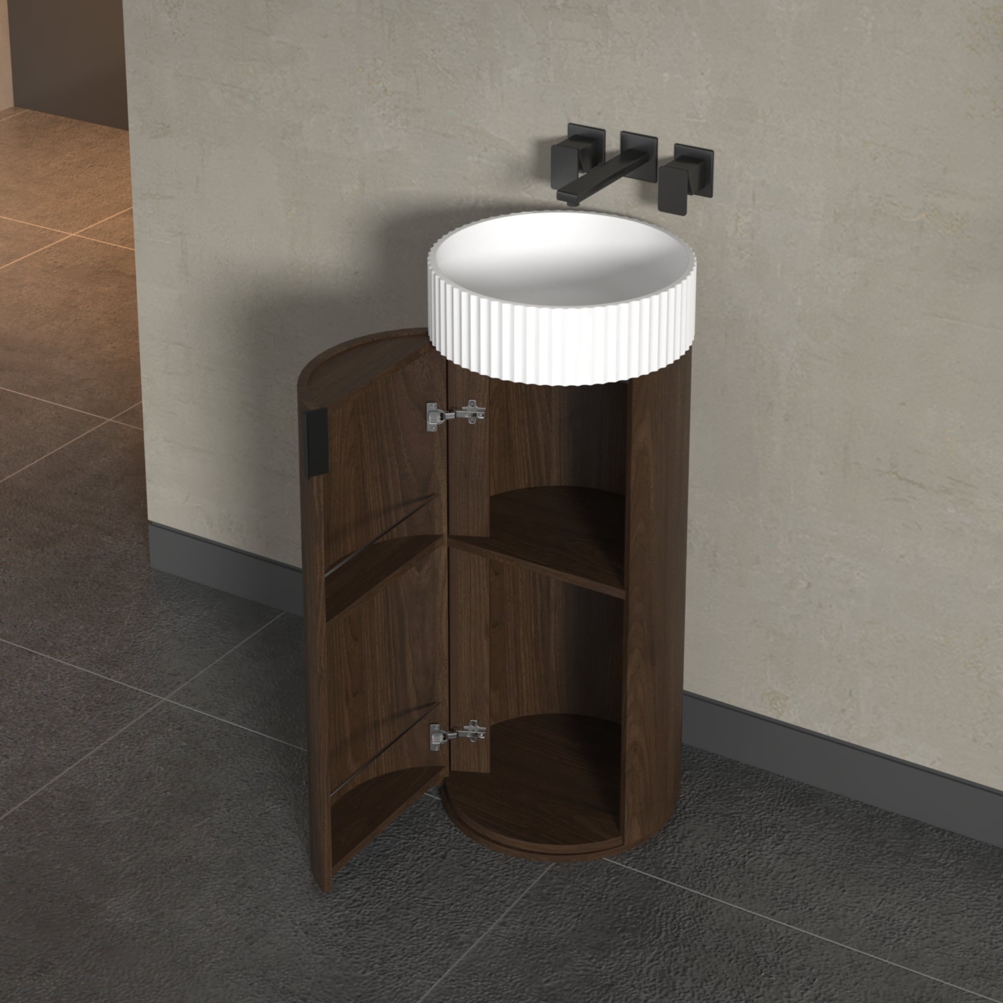 INFINITY FELIX WALNUT 390MM FREESTANDING VANITY WITH FLUTED SOLID SURFACE BASIN
