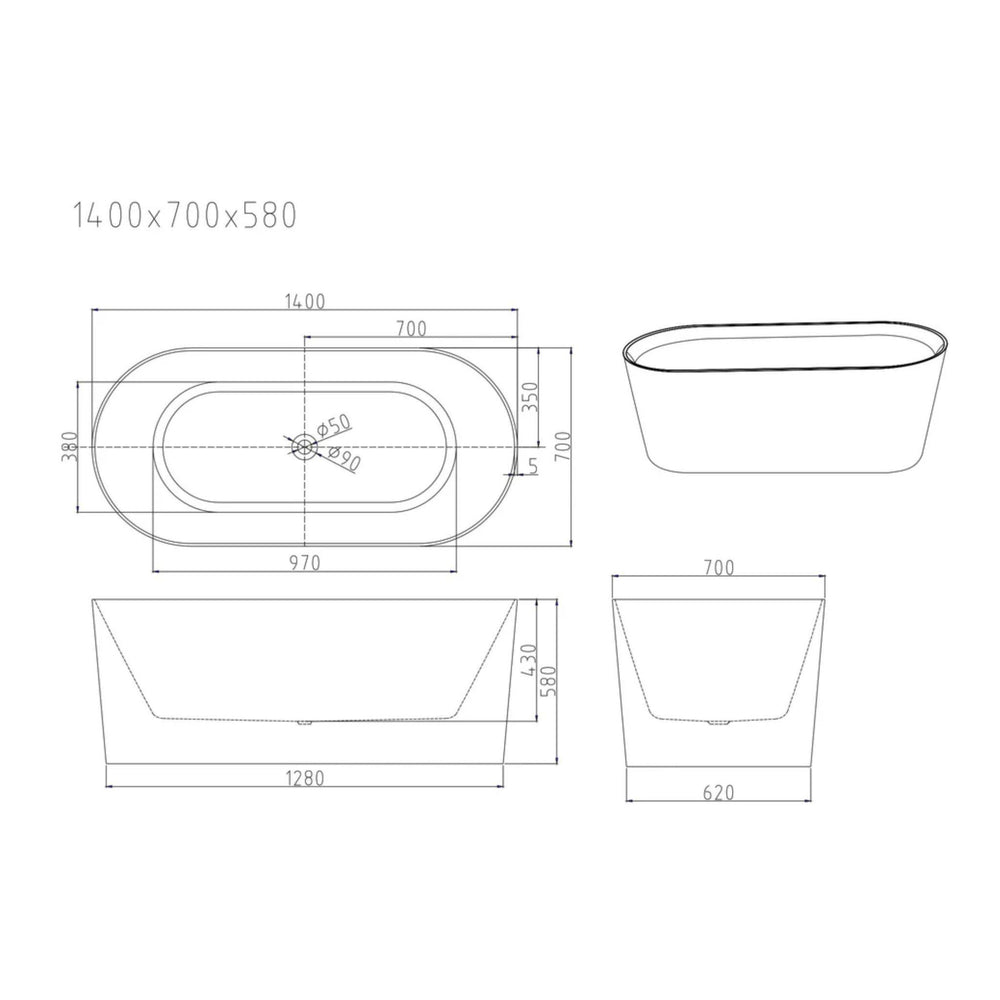 MERCIO ISEO FREESTANDING BATHTUB GLOSS WHITE (AVAILABLE IN MULTIPLE SIZES)