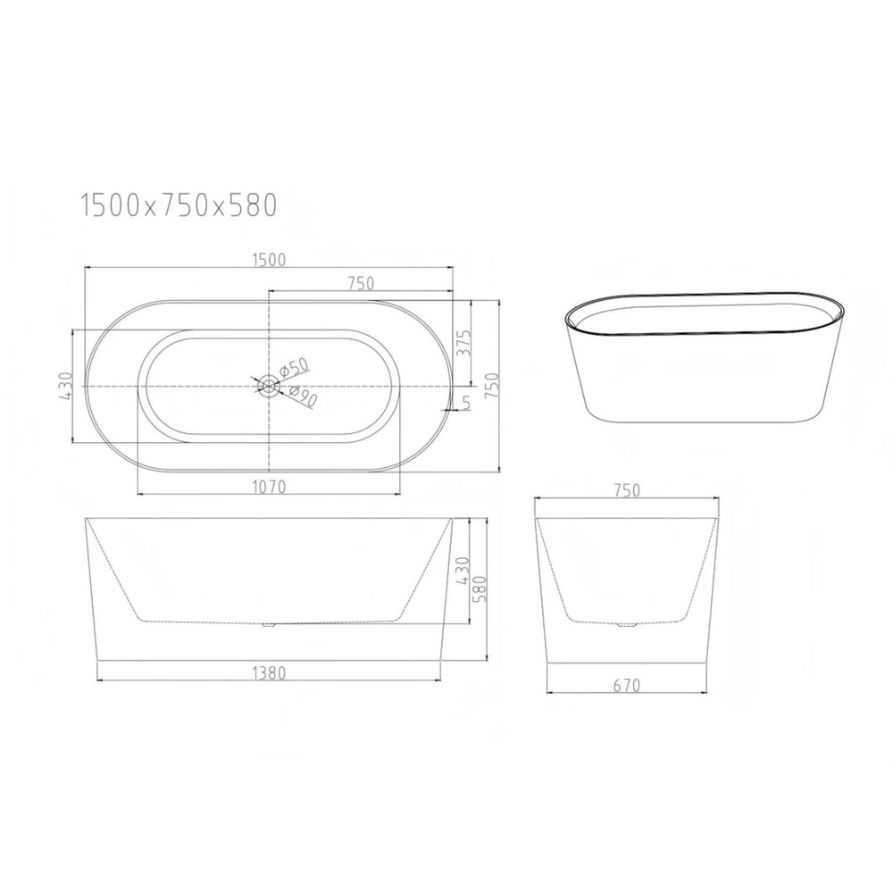MERCIO ISEO FREESTANDING BATHTUB GLOSS BLACK AND WHITE 1500MM
