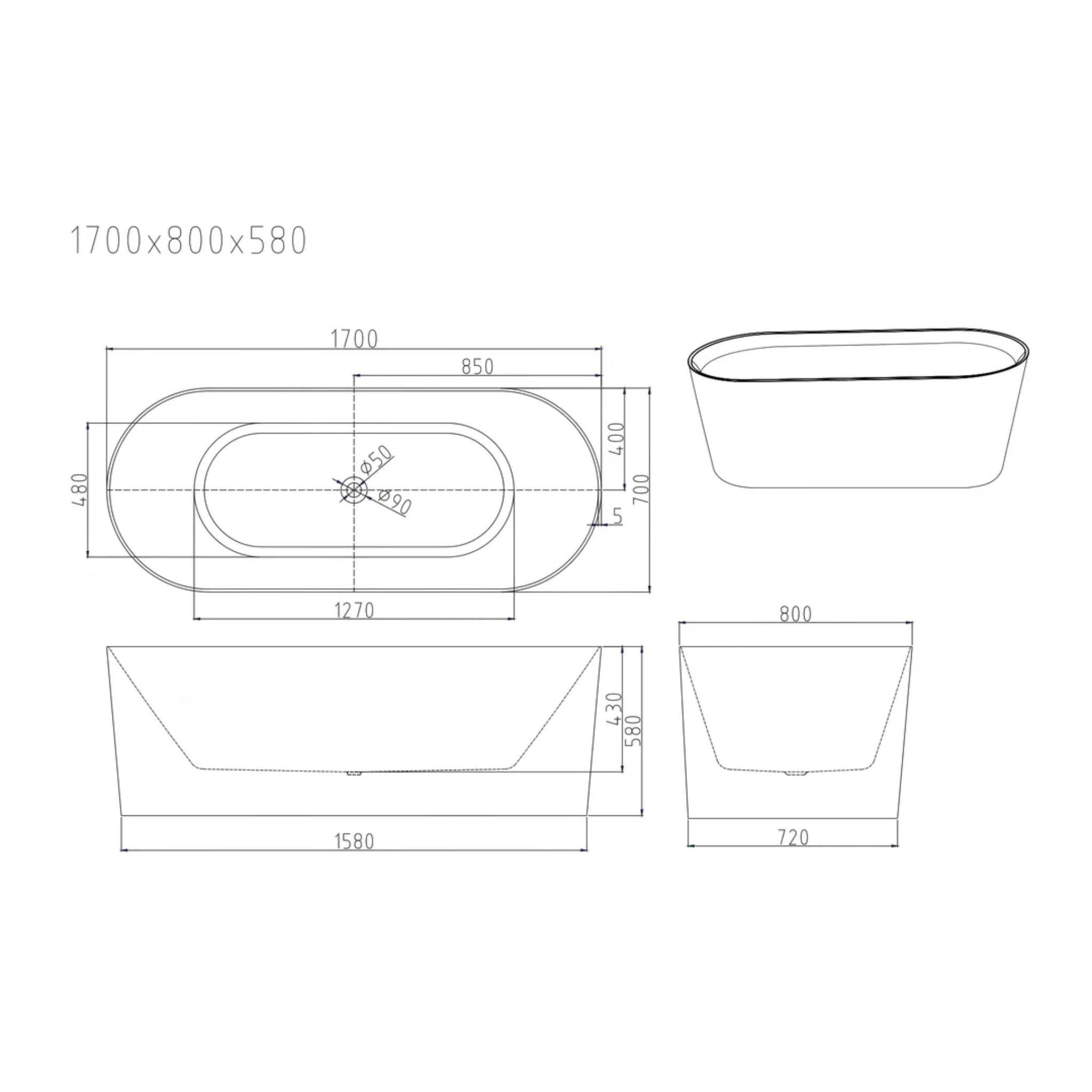 MERCIO ISEO FREESTANDING BATHTUB GLOSS WHITE (AVAILABLE IN MULTIPLE SIZES)