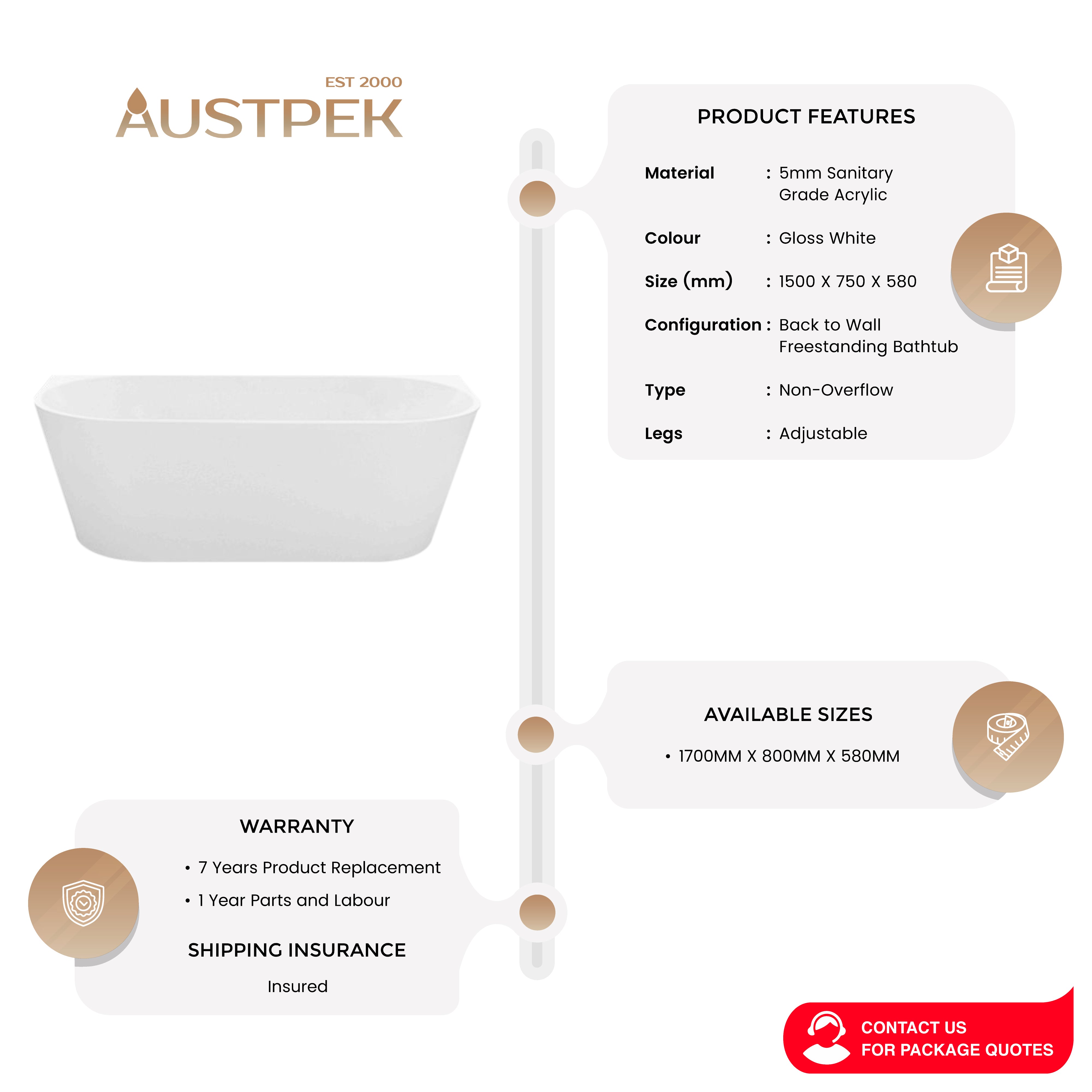 INSPIRE VERONA BACK TO WALL FREESTANDING BATHTUB GLOSS WHITE (AVAILABLE IN 1500MM AND 1700MM)
