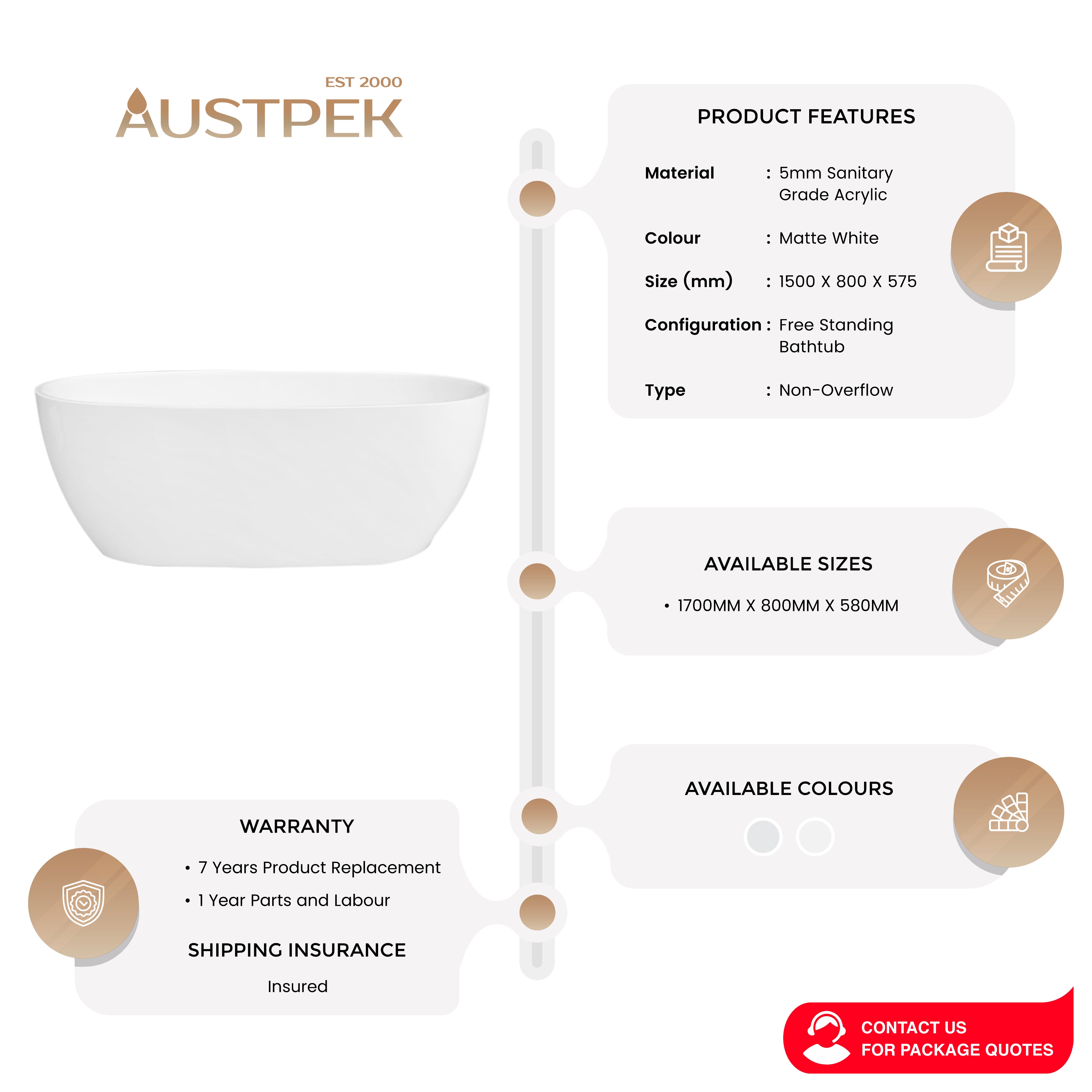 INSPIRE VINNY FREESTANDING BATHTUB MATTE WHITE (AVAILABLE IN 1500MM AND 1700MM)