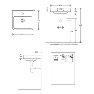 JOHNSON SUISSE QUADO RECTANGULAR WALL HUNG BASINS WITH BOTTLE TRAP WHITE 450MM