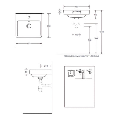 JOHNSON SUISSE QUADO RECTANGULAR WALL HUNG BASINS WITH BOTTLE TRAP WHITE 450MM