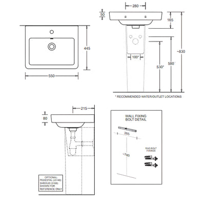 JOHNSON SUISSE QUADO RECTANGULAR WALL HUNG BASINS WITH BOTTLE TRAP WHITE 550MM