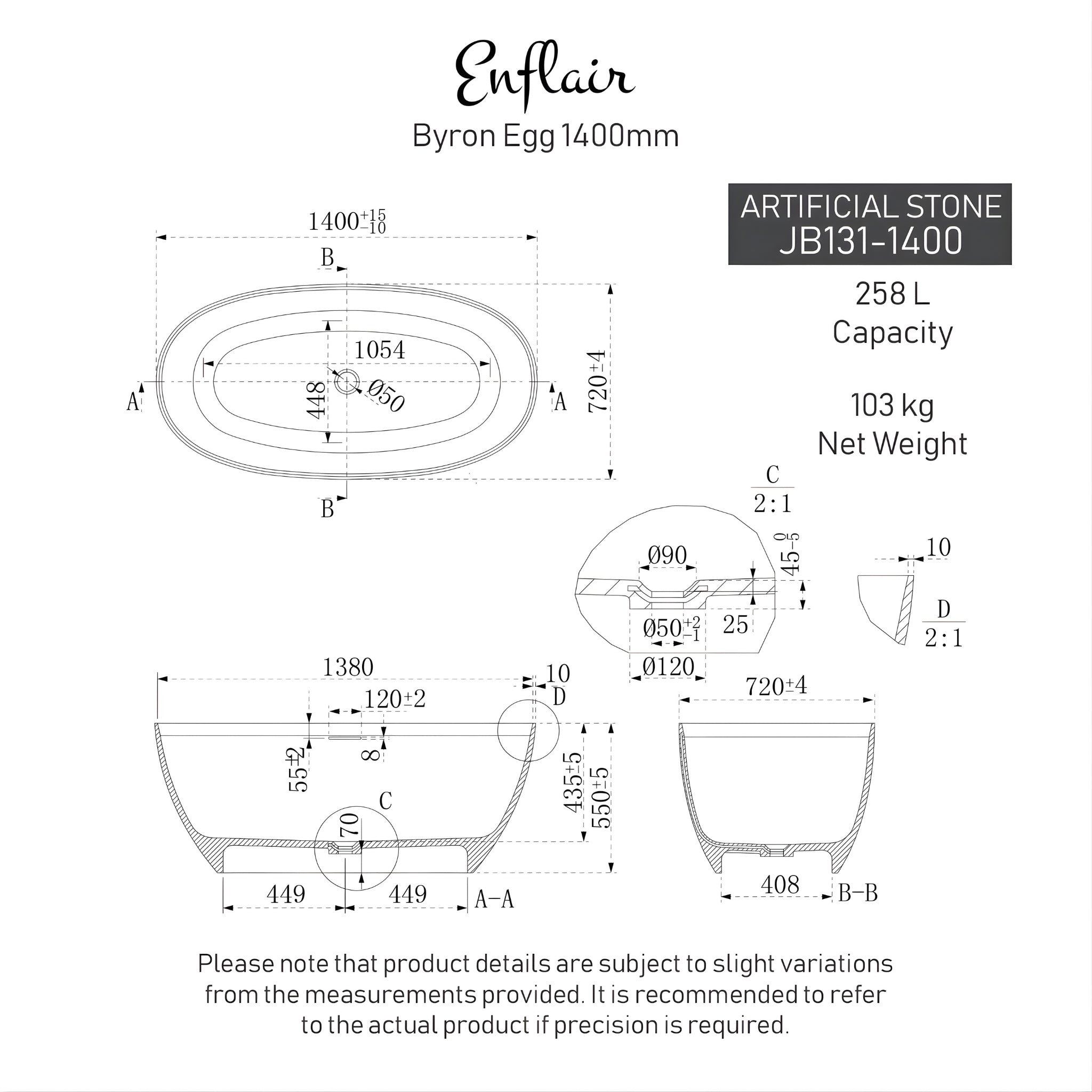 ENFLAIR BYRON EGG FREESTANDING BATHTUB WITH OVERFLOW GLOSS WHITE (MULTIPLE SIZES AVAILABLE)