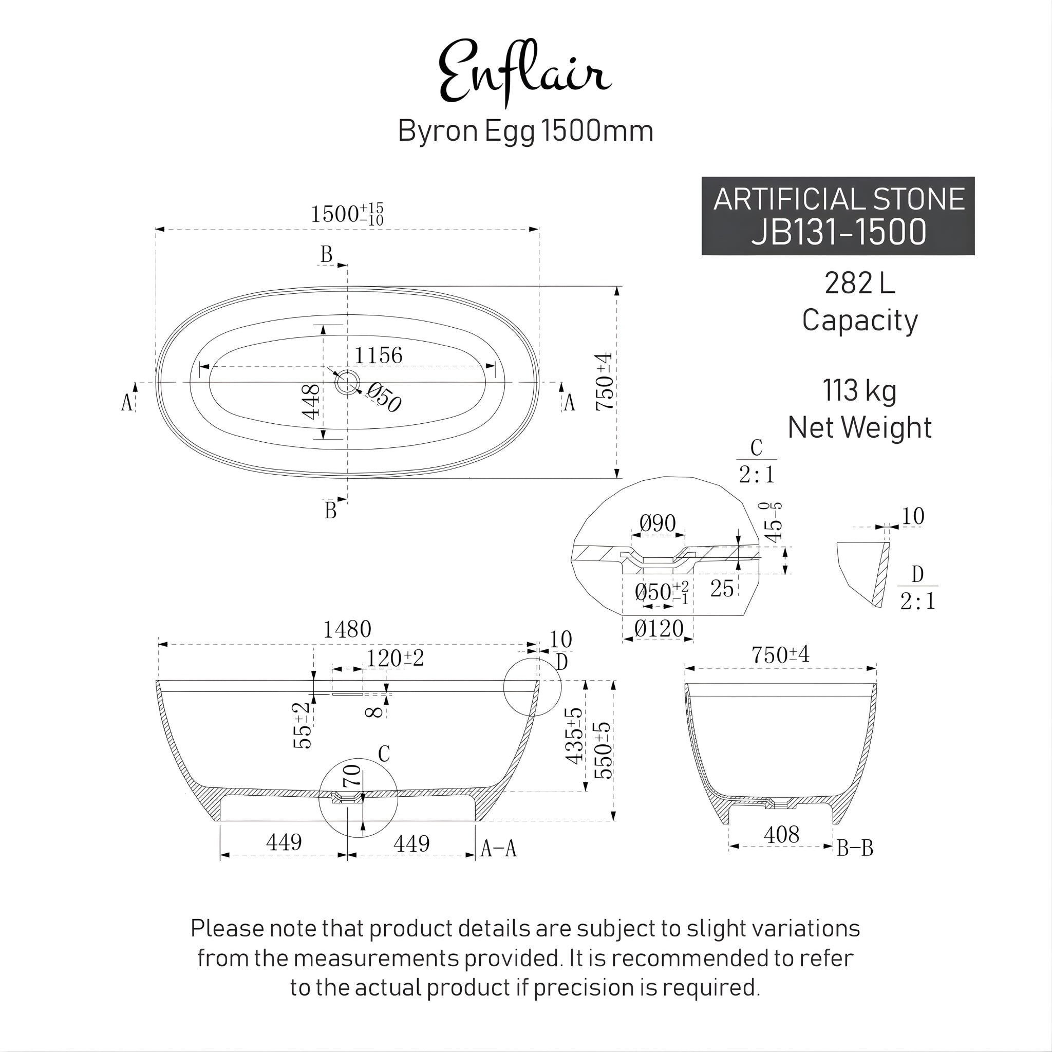 ENFLAIR BYRON EGG FREESTANDING BATHTUB WITH OVERFLOW GLOSS WHITE (MULTIPLE SIZES AVAILABLE)