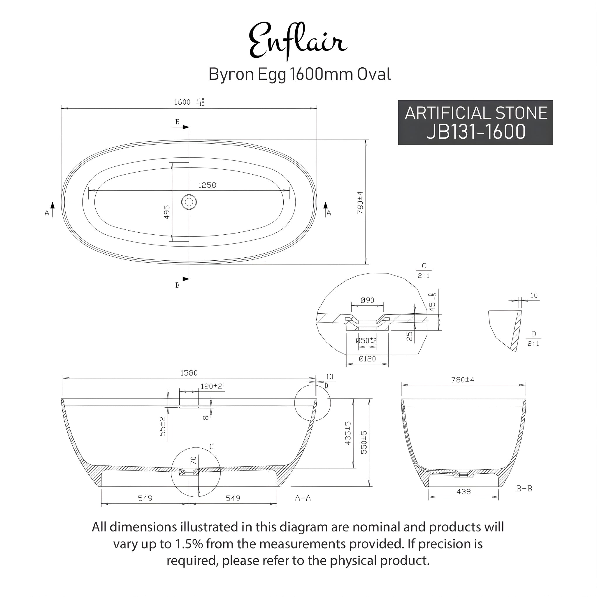ENFLAIR BYRON EGG FREESTANDING BATHTUB WITH OVERFLOW GLOSS WHITE (MULTIPLE SIZES AVAILABLE)