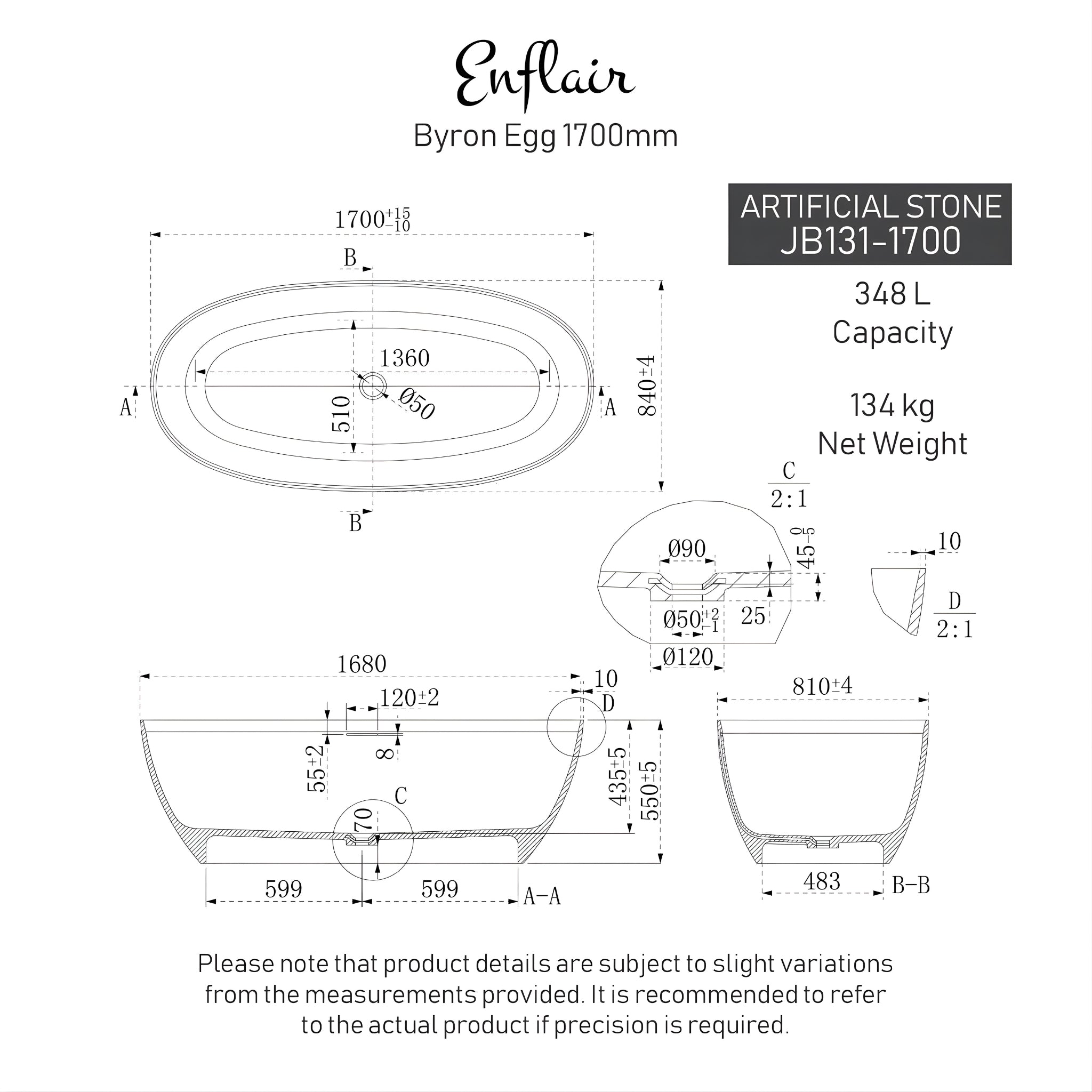 ENFLAIR BYRON EGG FREESTANDING BATH WITH OVERFLOW MATTE BLACK (MULTIPLE SIZES AVAILABLE)
