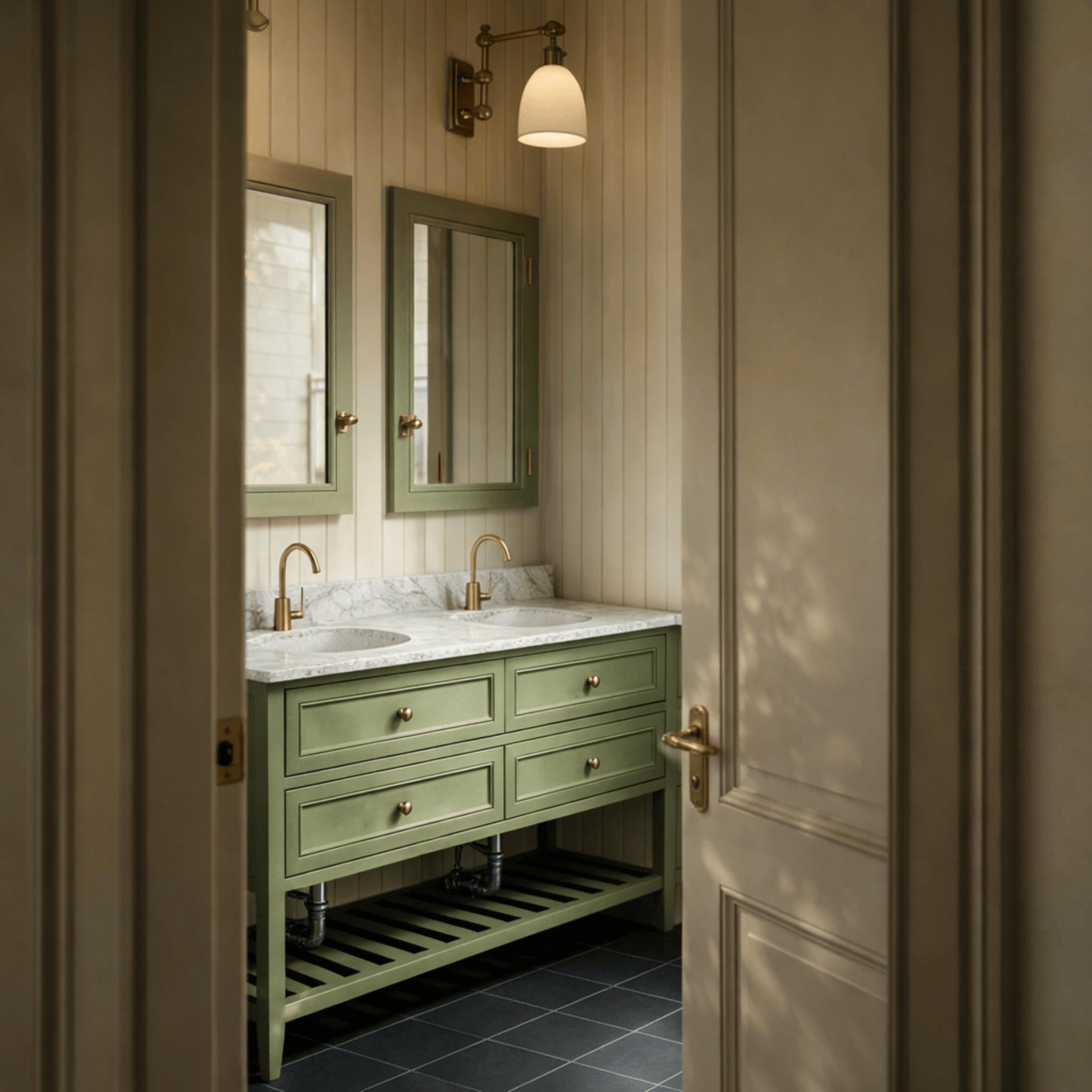 JOINERY BY BEARS AUDREY SAGEWOOD 1500MM DOUBLE BOWL FLOOR STANDING VANITY PACKAGE