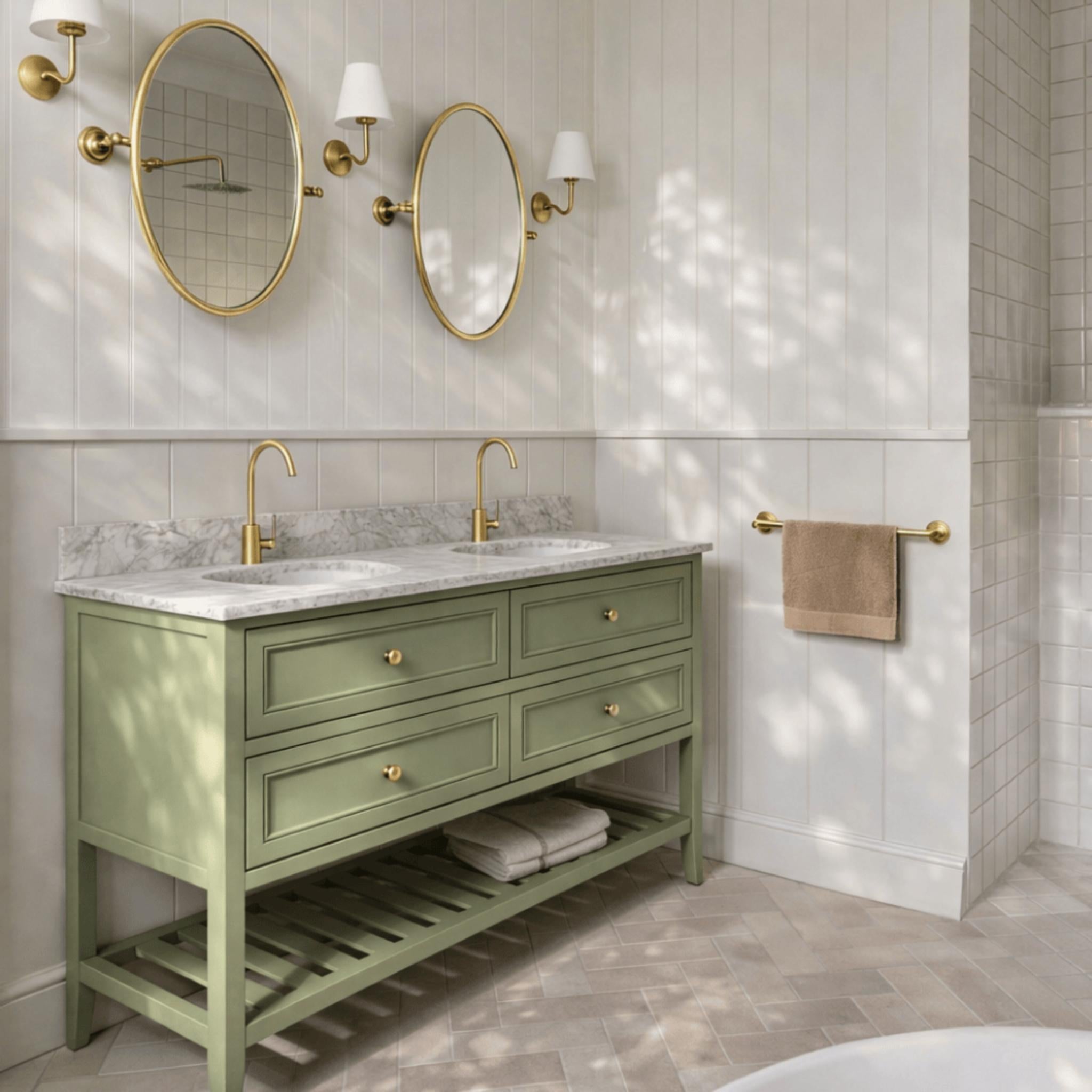 JOINERY BY BEARS AUDREY SAGEWOOD 1500MM DOUBLE BOWL FLOOR STANDING VANITY PACKAGE