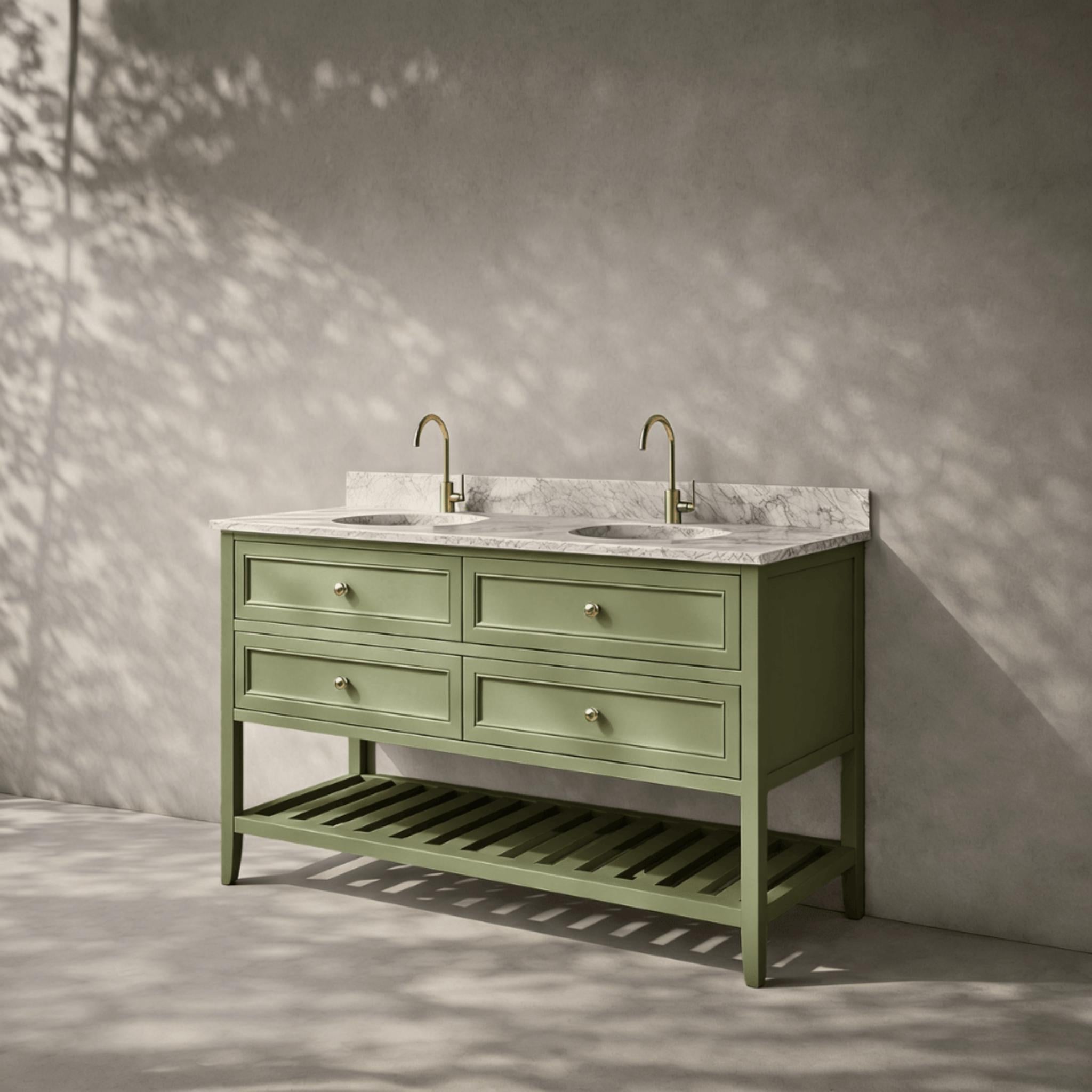 JOINERY BY BEARS AUDREY SAGEWOOD 1500MM DOUBLE BOWL FLOOR STANDING VANITY PACKAGE