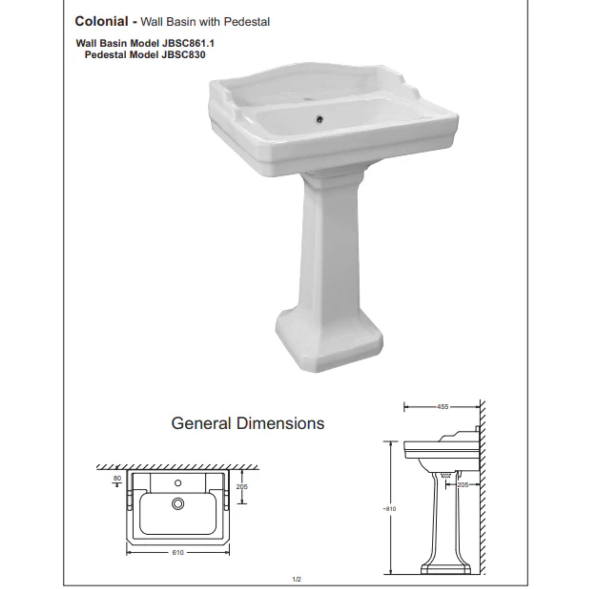 JOHNSON SUISSE COLONIAL WALL HUNG BASINS WHITE 610MM