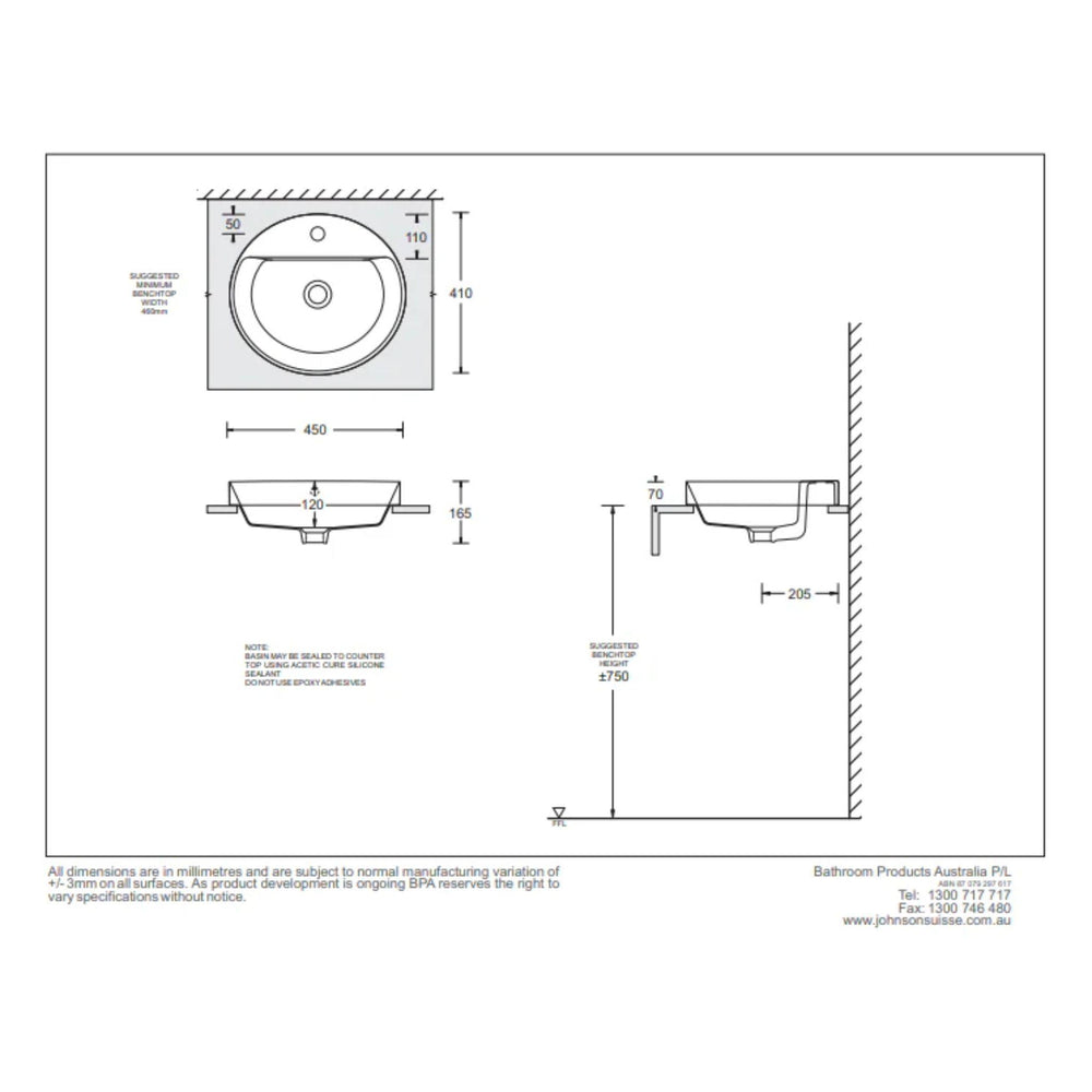JOHNSON SUISSE GEMELLI OVAL SEMI-INSET BASINS WHITE 450MM