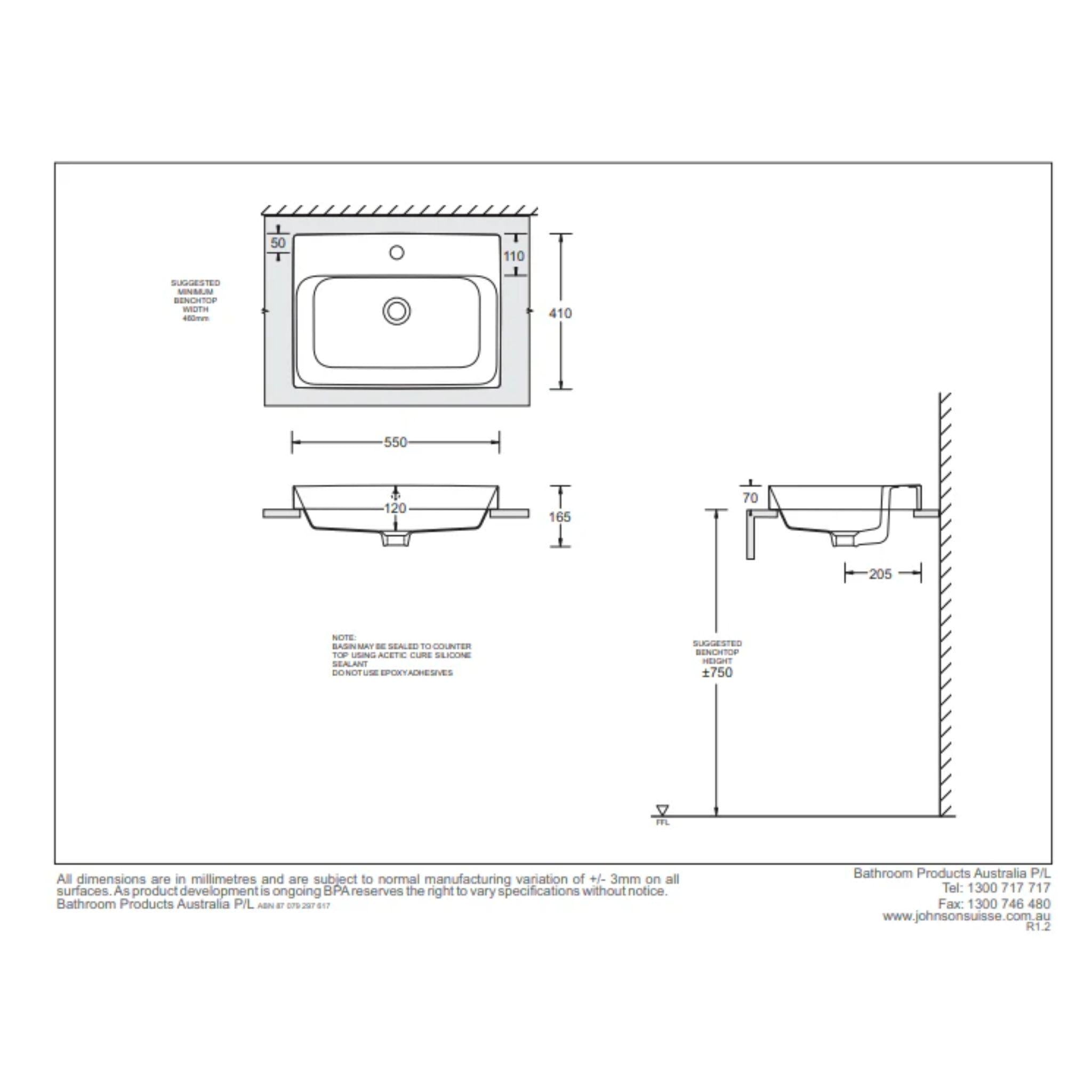JOHNSON SUISSE GEMELLI RECTANGLE SEMI-INSET BASINS WHITE 550MM