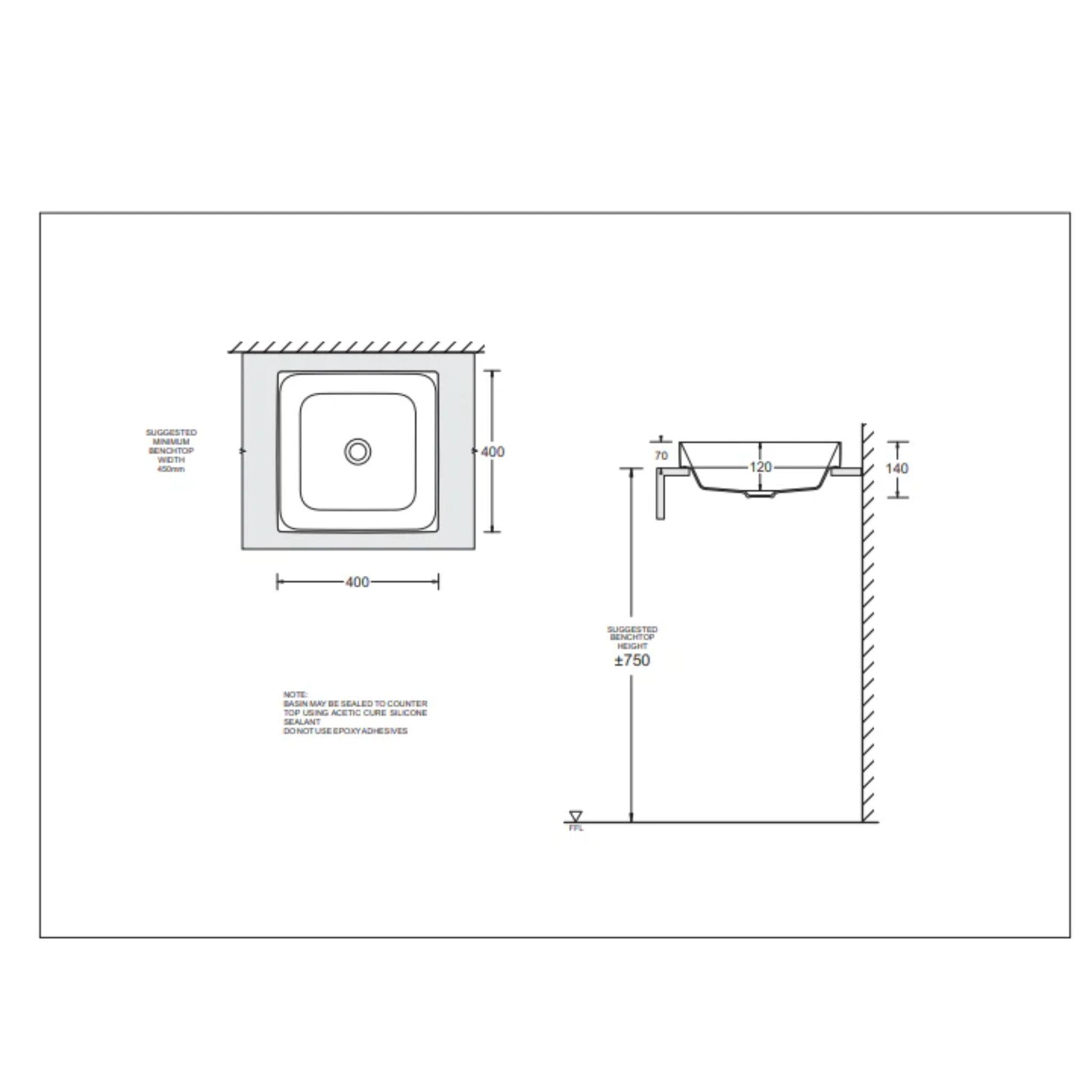JOHNSON SUISSE GEMELLI SQUARE SEMI-INSET BASINS WHITE 400MM