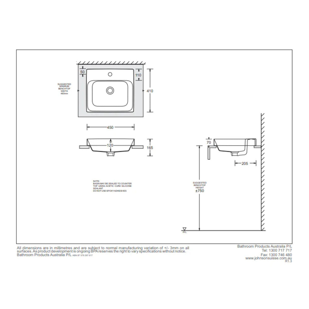 JOHNSON SUISSE GEMELLI RECTANGLE SEMI-INSET BASINS WHITE 450MM