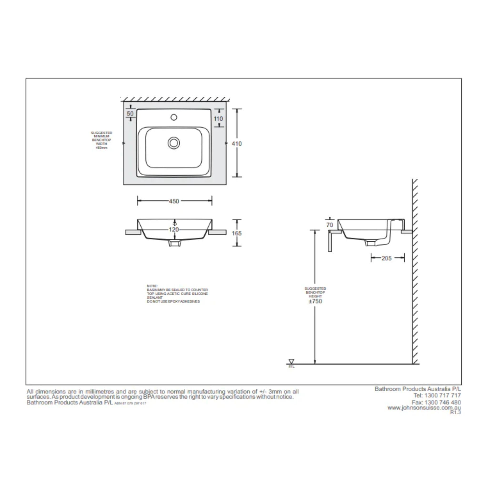 JOHNSON SUISSE GEMELLI RECTANGLE SEMI-INSET BASINS WHITE 450MM