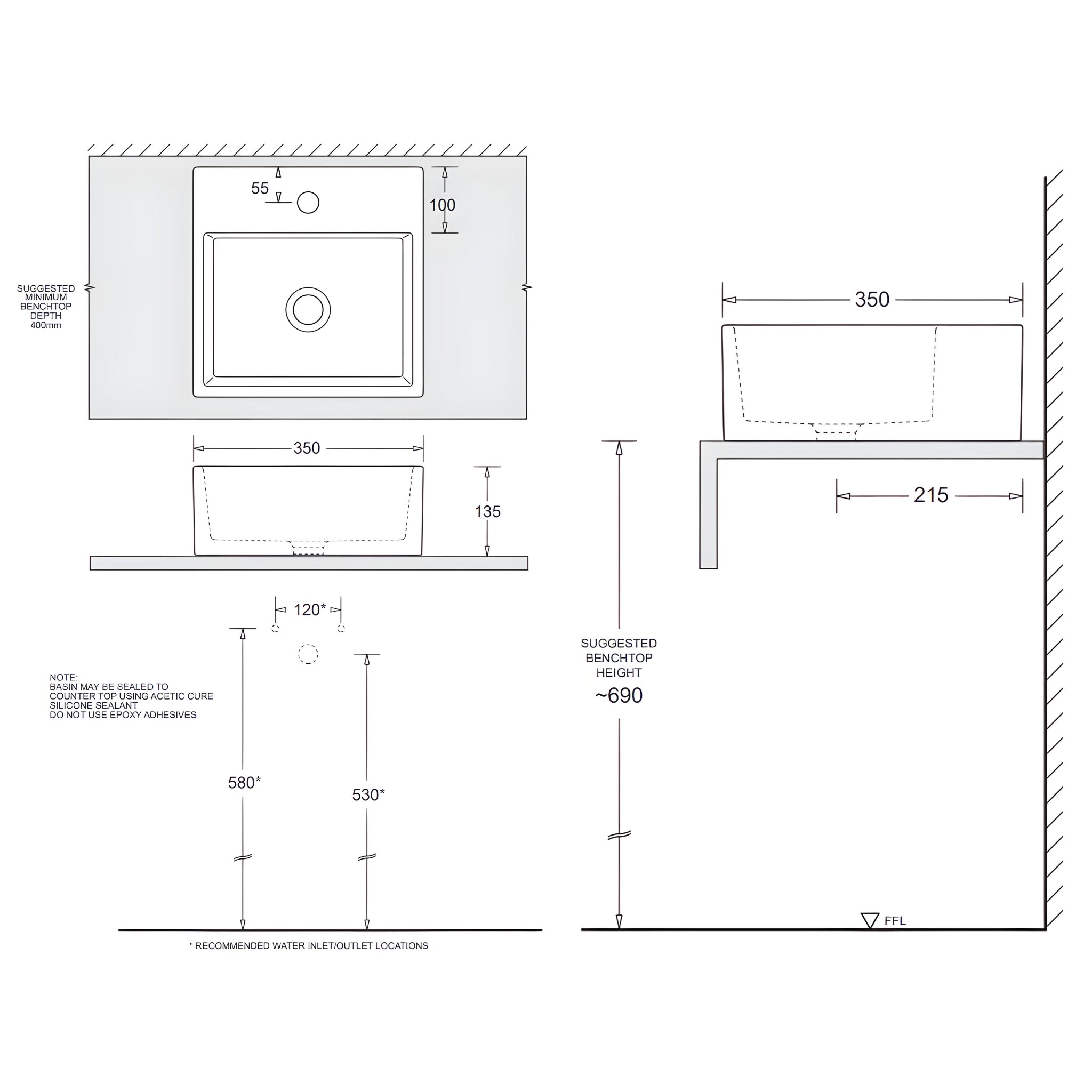 JOHNSON SUISSE QUADO SQUARE COUNTER TOP BASINS WHITE 350MM