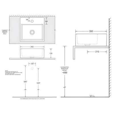 JOHNSON SUISSE QUADO SQUARE COUNTER TOP BASINS WHITE 350MM