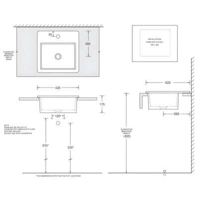 JOHNSON SUISSE QUADO SQUARE VANITY TOP MOUNT BASINS WHITE 420MM