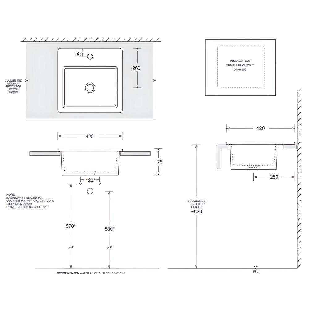 JOHNSON SUISSE QUADO SQUARE VANITY TOP MOUNT BASINS WHITE 420MM