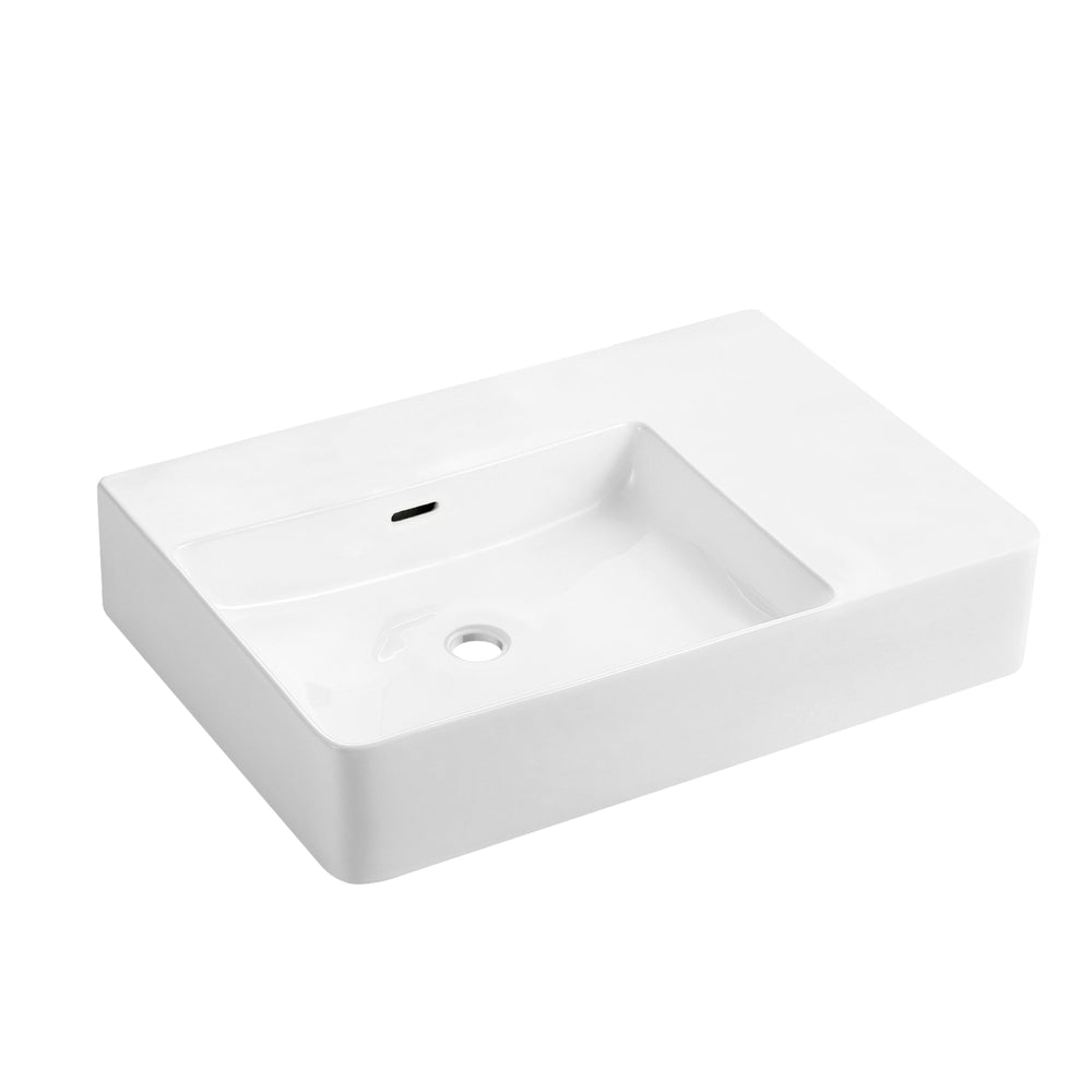 JOHNSON SUISSE QUADO RECTANGULAR RIGHT HAND SHELF BASINS NO TAPHOLE WITH PLUG AND WASTE WHITE 605MM