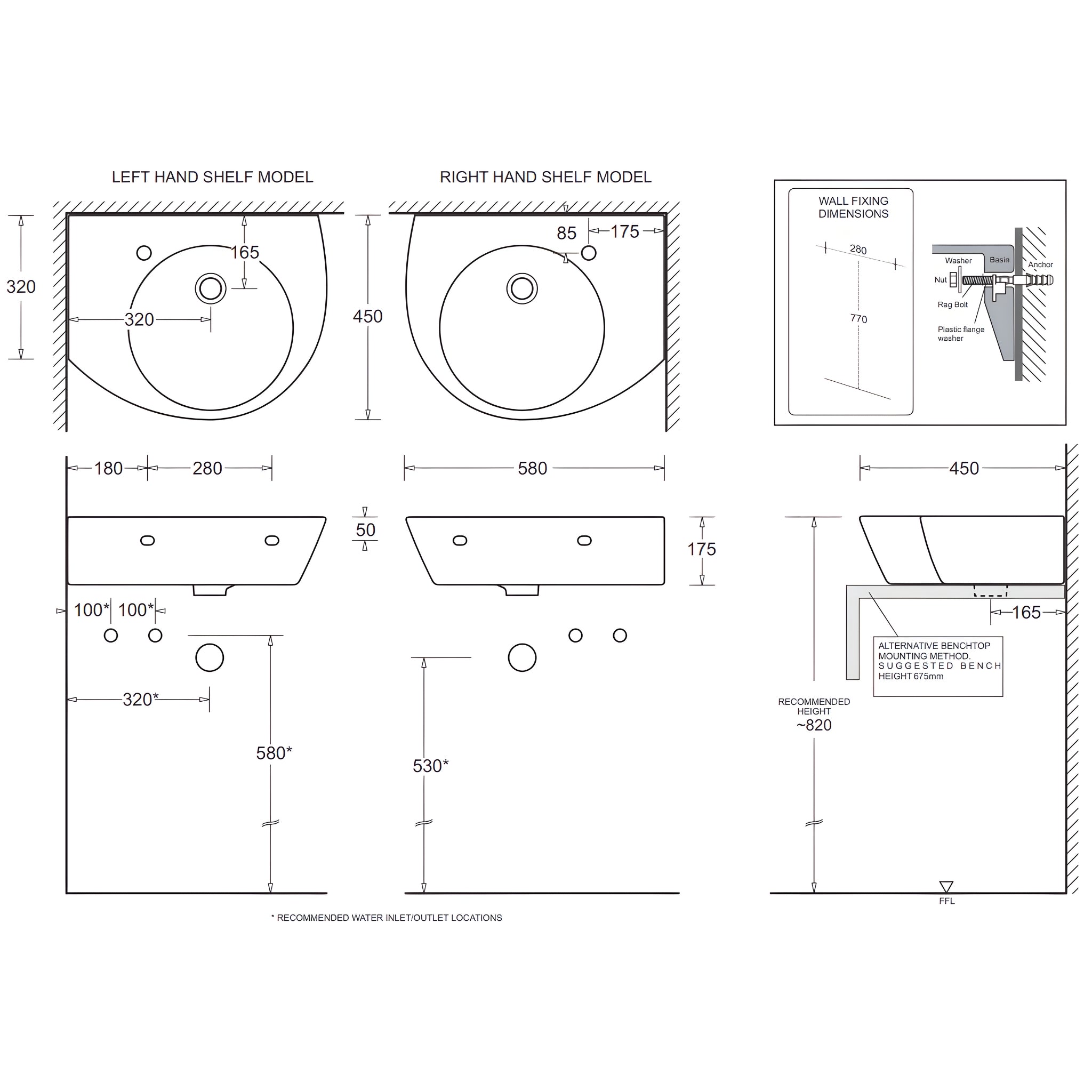 JOHNSON SUISSE TOLEDO ABOVE COUNTER / WALL HUNG LEFT CORNER BASINS WHITE 580MM