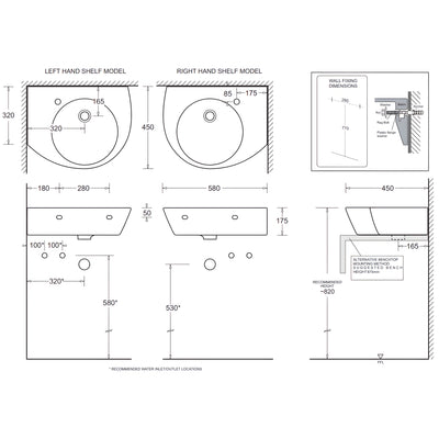 JOHNSON SUISSE TOLEDO ABOVE COUNTER / WALL HUNG LEFT CORNER BASINS WHITE 580MM