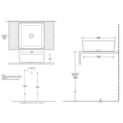 JOHNSON SUISSE VENEZIA SQUARE COUNTER TOP BASINS WITH CHROME POP-UP WASTE MATTE BLACK 350MM