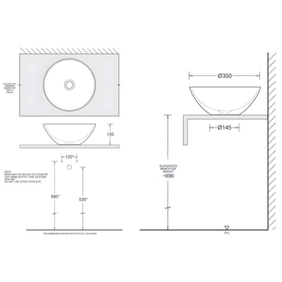 JOHNSON SUISSE VENEZIA ROUND COUNTER TOP BASINS WITH CHROME POP-UP WASTE MATTE BLACK 350MM