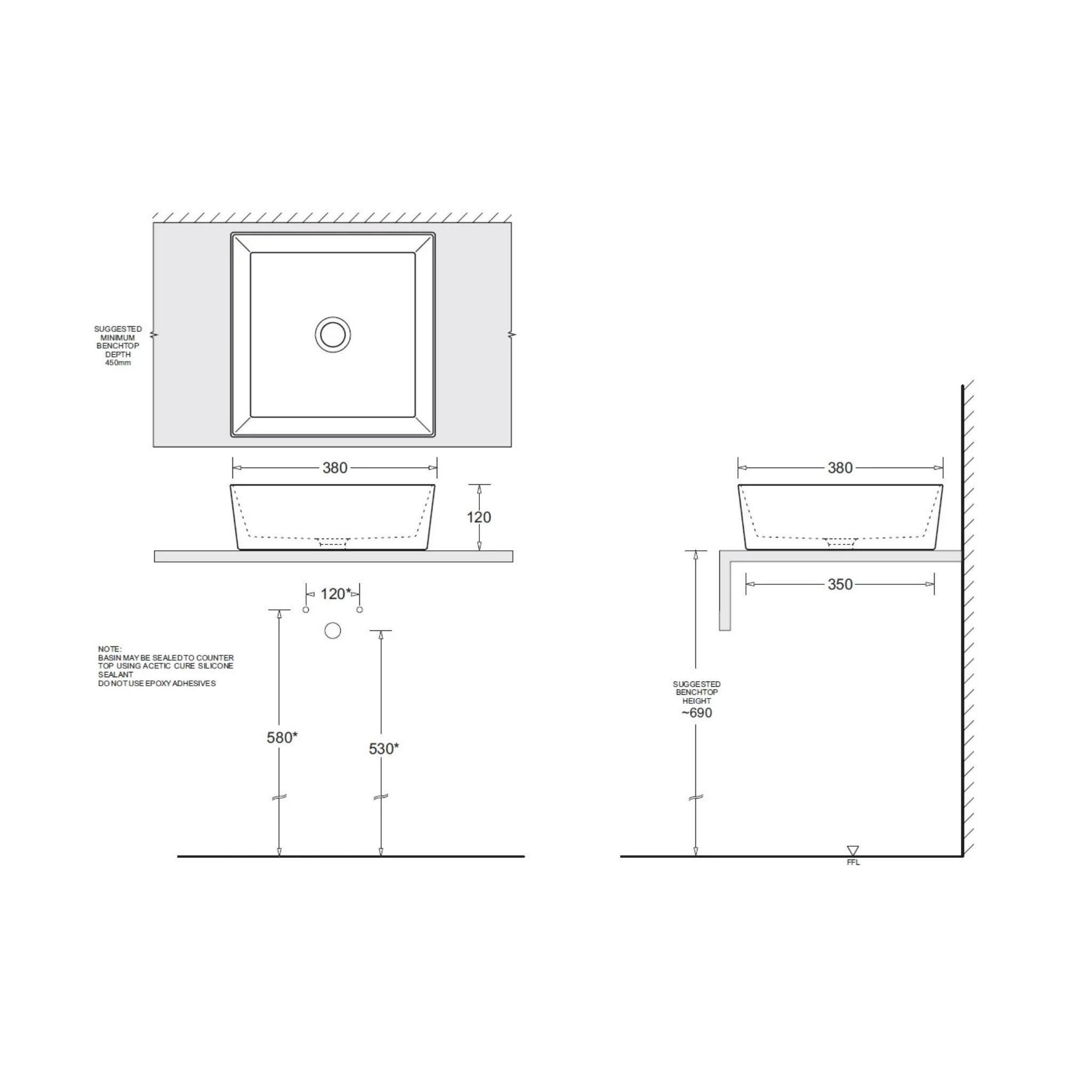 JOHNSON SUISSE VENEZIA SQUARE COUNTER TOP BASINS WHITE 380MM