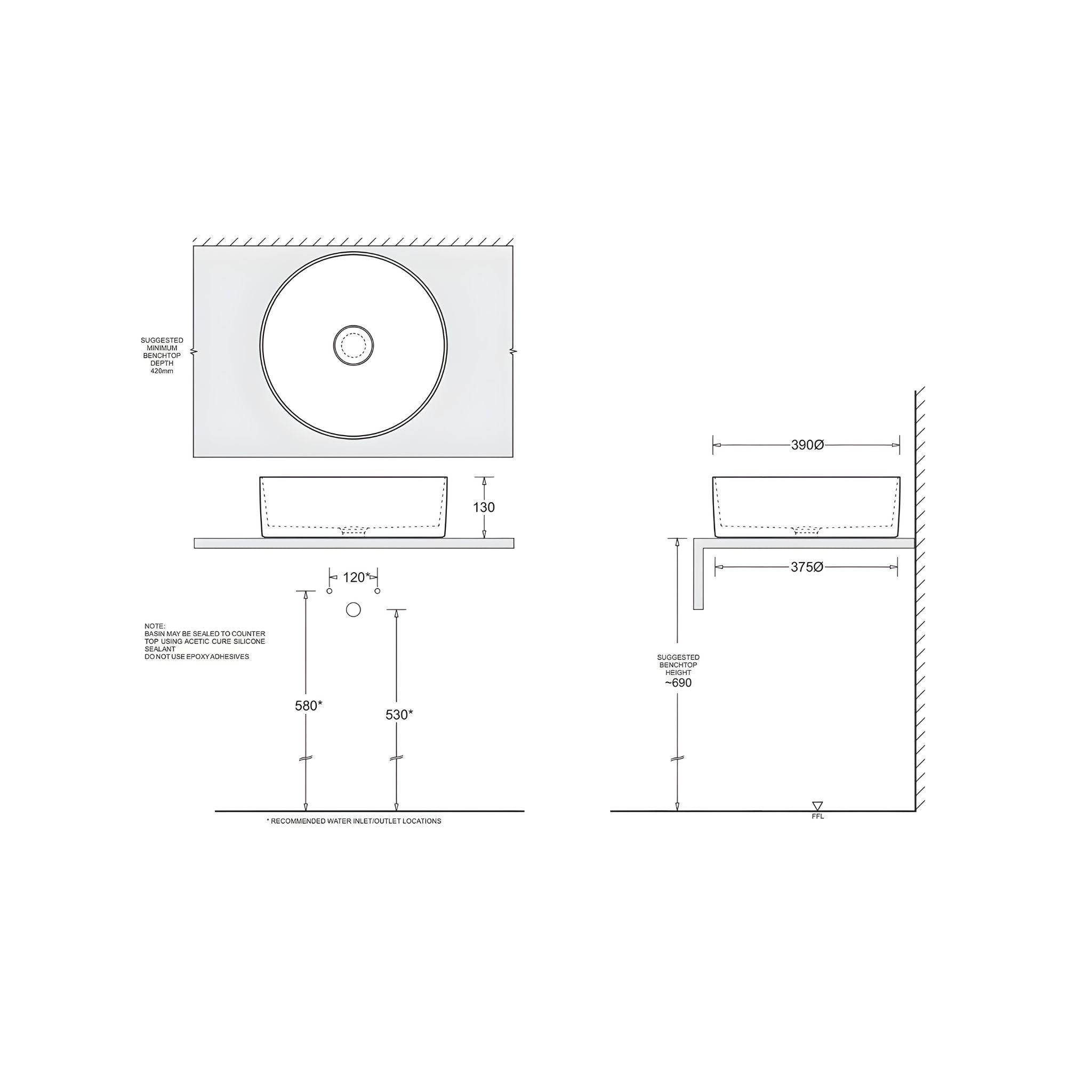 JOHNSON SUISSE VENEZIA ROUND COUNTER TOP BASINS WHITE 390MM