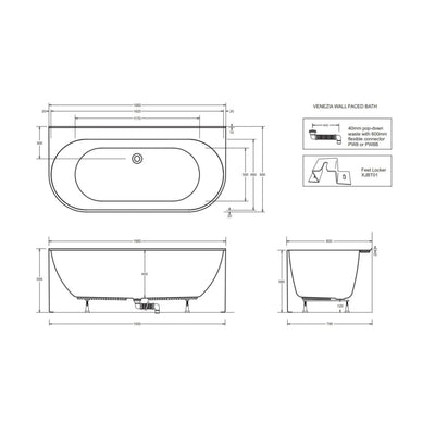 JOHNSON SUISSE VENEZIA WALL FACED FREESTANDING BATH GLOSS WHITE 1660MM