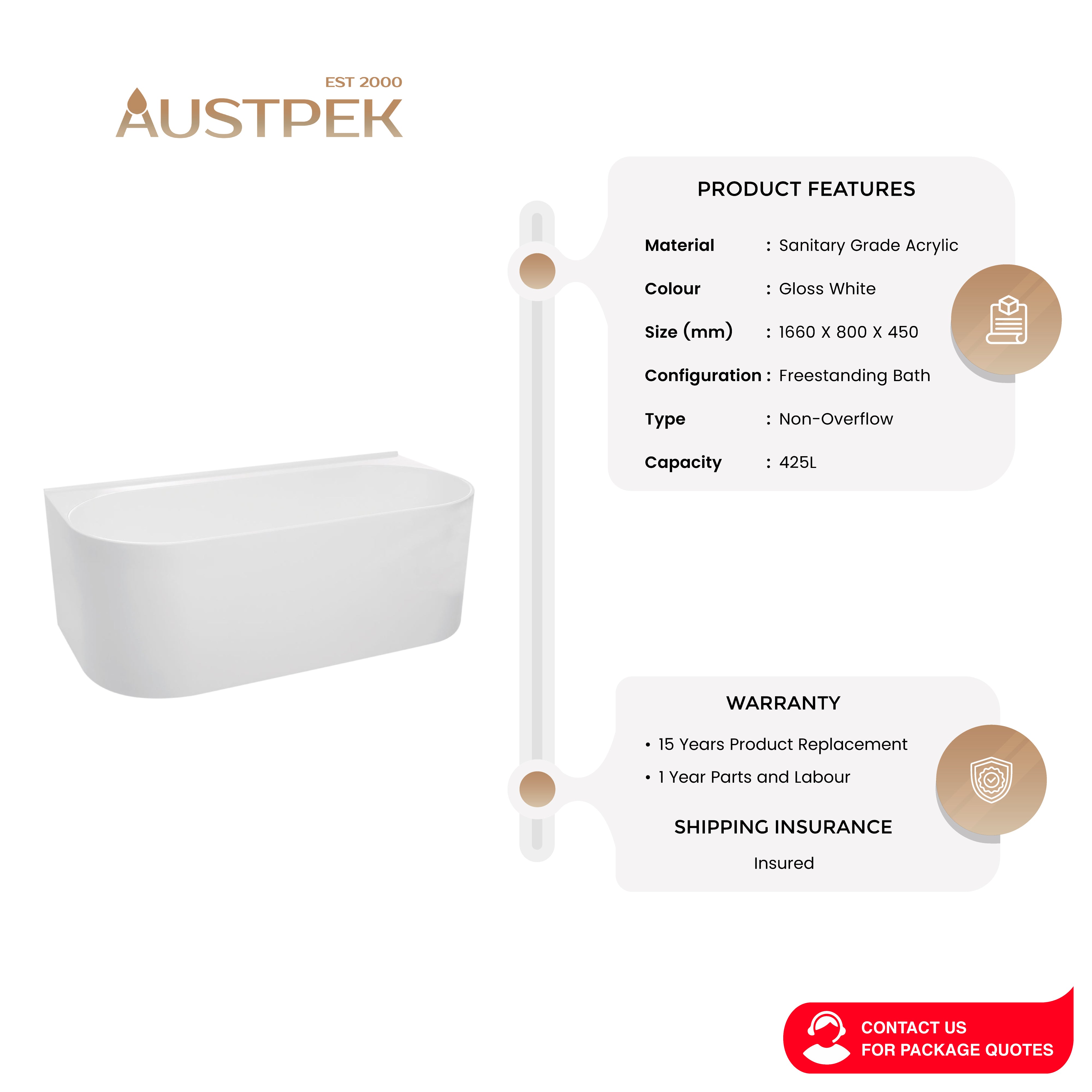 JOHNSON SUISSE VENEZIA WALL FACED FREESTANDING BATH GLOSS WHITE 1660MM