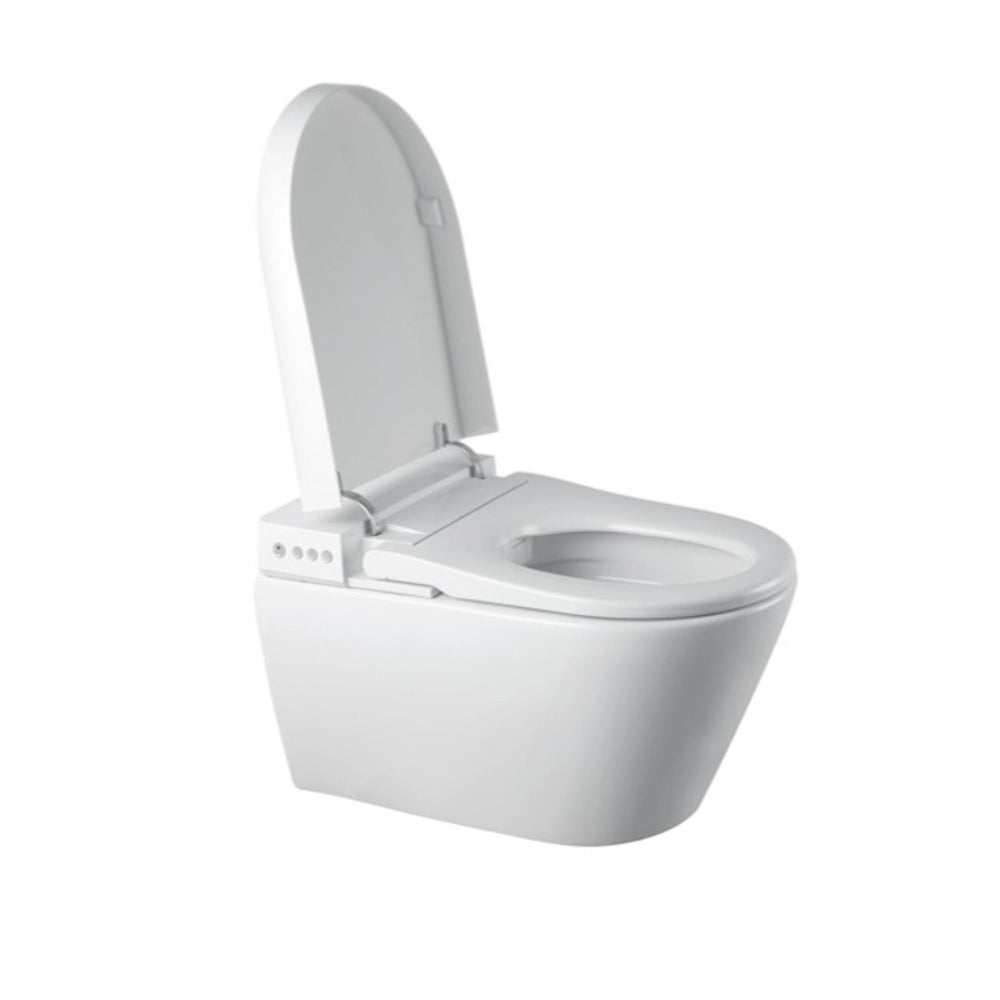 JOMOO RIMLESS WALL HUNG SMART TOILET PACKAGE W/ INWALL CISTERN PUSH BUTTON AND REMOTE CONTROL (D-SHAPE) GLOSS WHITE
