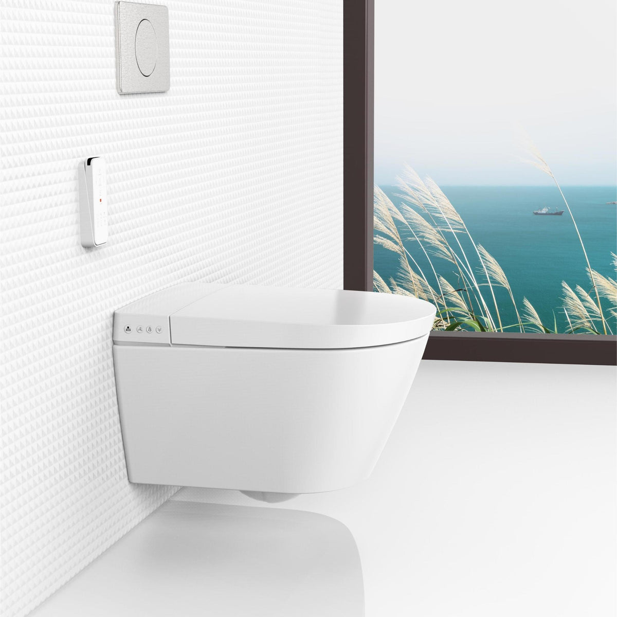 JOMOO RIMLESS WALL HUNG SMART TOILET PACKAGE W/ INWALL CISTERN PUSH BUTTON AND REMOTE CONTROL (D-SHAPE) GLOSS WHITE