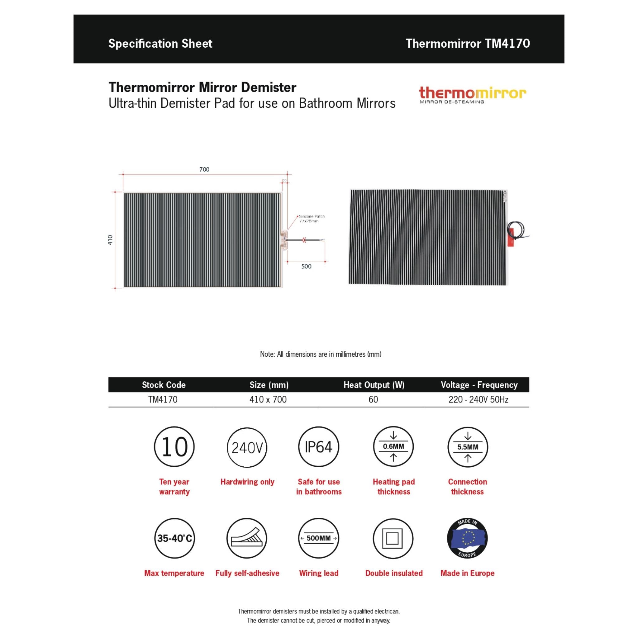 THERMOGROUP ABLAZE RECTANGLE POLISHED EDGE MIRROR WITH DEMISTER 750X900MM