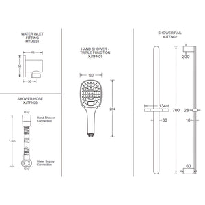 JOHNSON SUISSE FERLA 3 FUNCTION HAND SHOWER SET WITH HOSE, SLIDING RAIL & WATER INLET CHROME