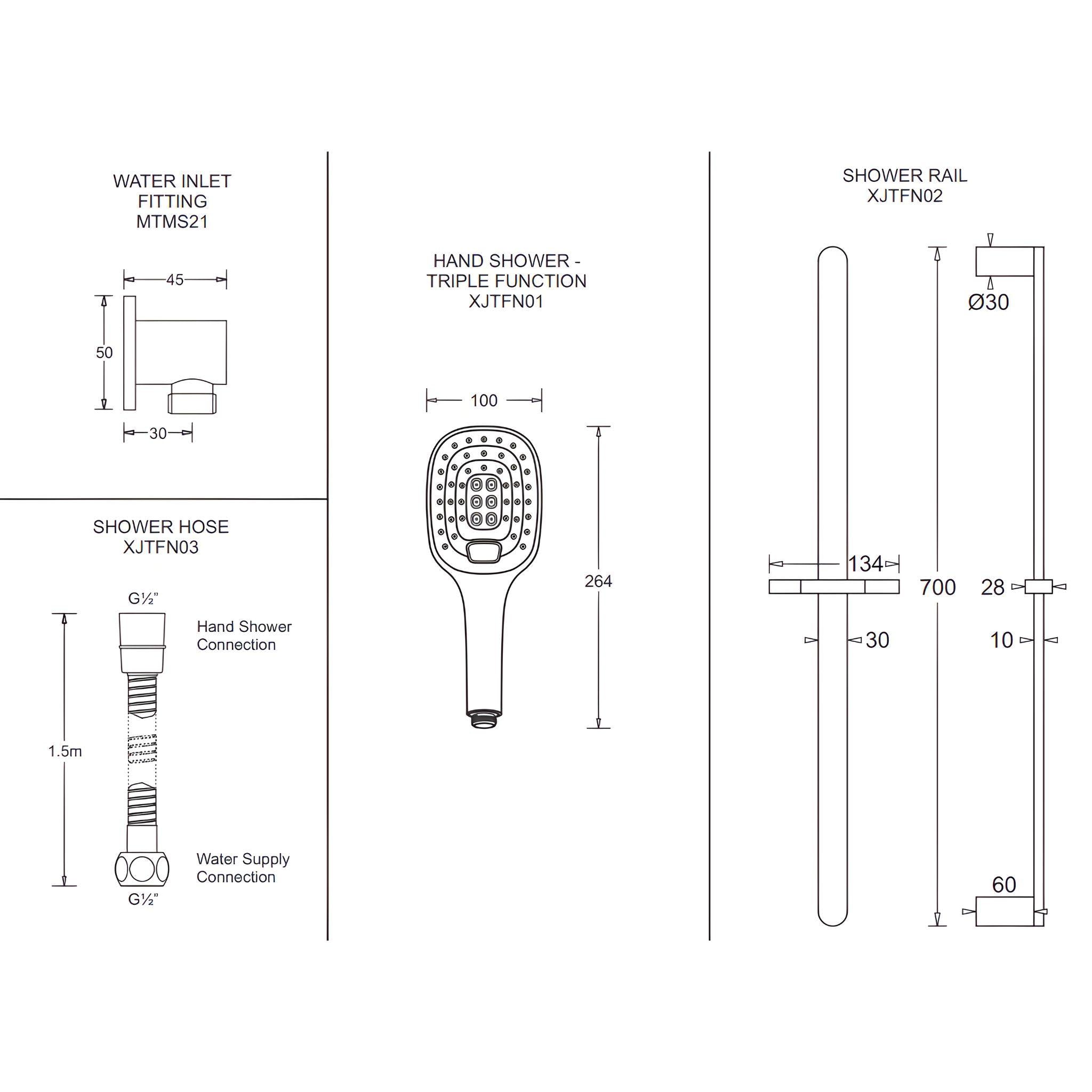 JOHNSON SUISSE FERLA 3 FUNCTION HAND SHOWER SET WITH HOSE, SLIDING RAIL & WATER INLET CHROME