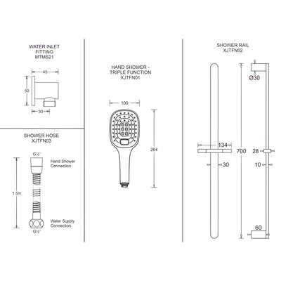 JOHNSON SUISSE FERLA 3 FUNCTION HAND SHOWER SET WITH HOSE, SLIDING RAIL & WATER INLET CHROME
