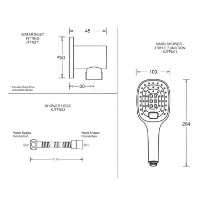 JOHNSON SUISSE FERLA 3 FUNCTION HAND SHOWER SET WITH BACK-FLOW PREVENTION DEVICE CHROME