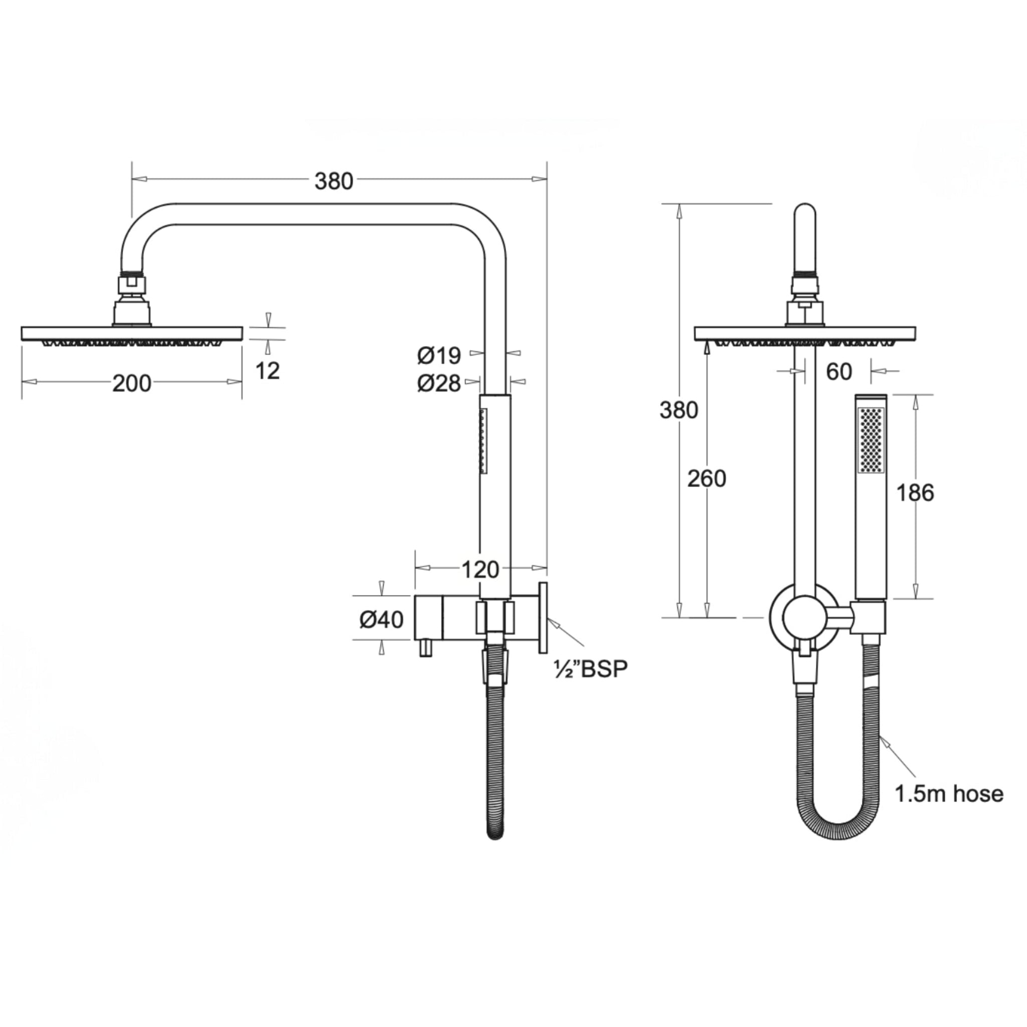 JOHNSON SUISSE VENEZIA SHORT TWIN SHOWER 380MM MATTE BLACK