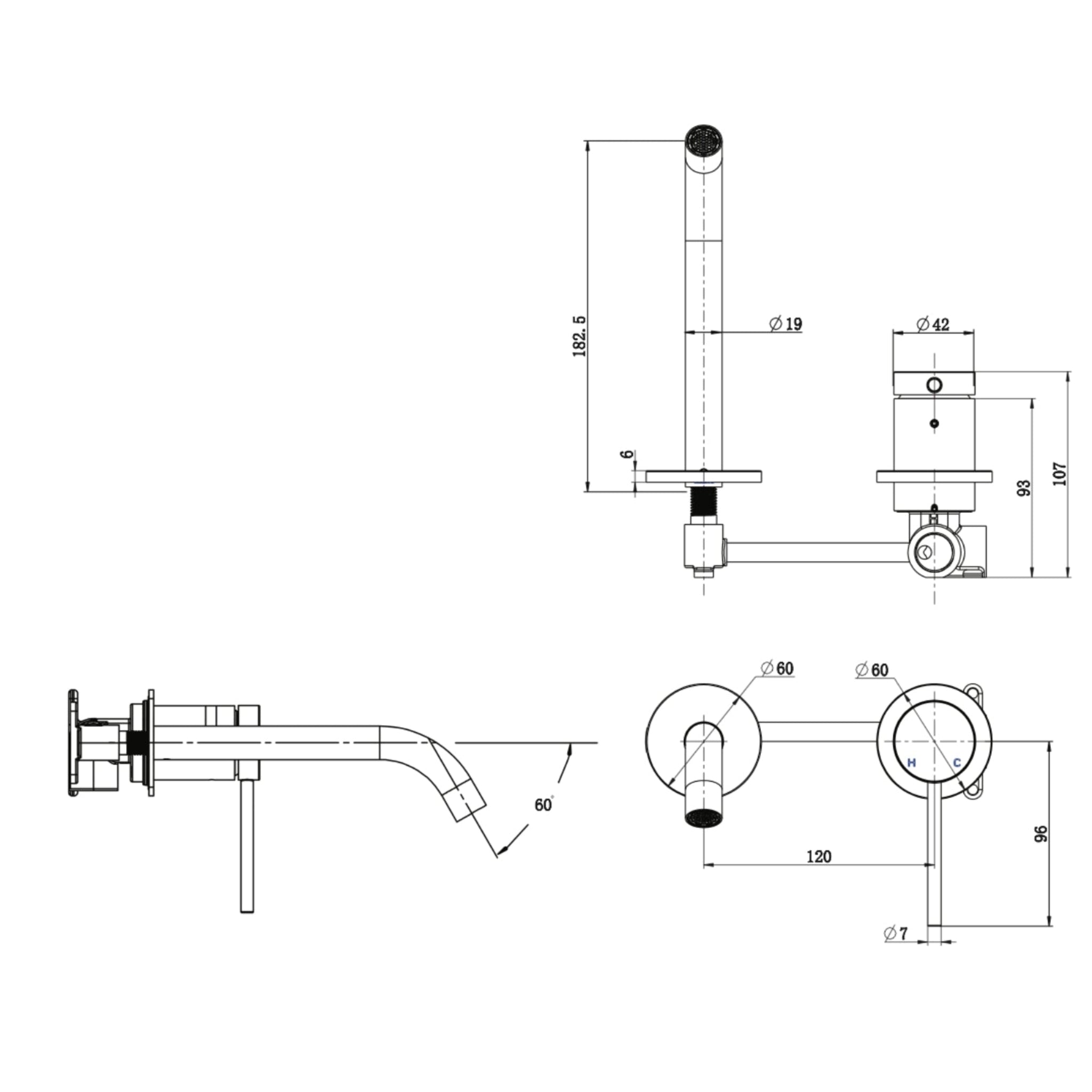 JOHNSON SUISSE VENEZIA LEAD FREE WALL BASIN / BATH MIXER COMPLETE KIT 182.5MM MATTE BLACK
