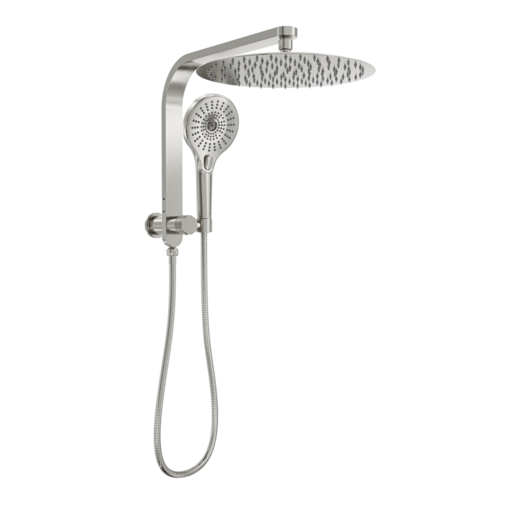 LINSOL OCEANJET ROUND TWIN SHOWER WITH SHORT RAIL 369MM BRUSHED NICKEL