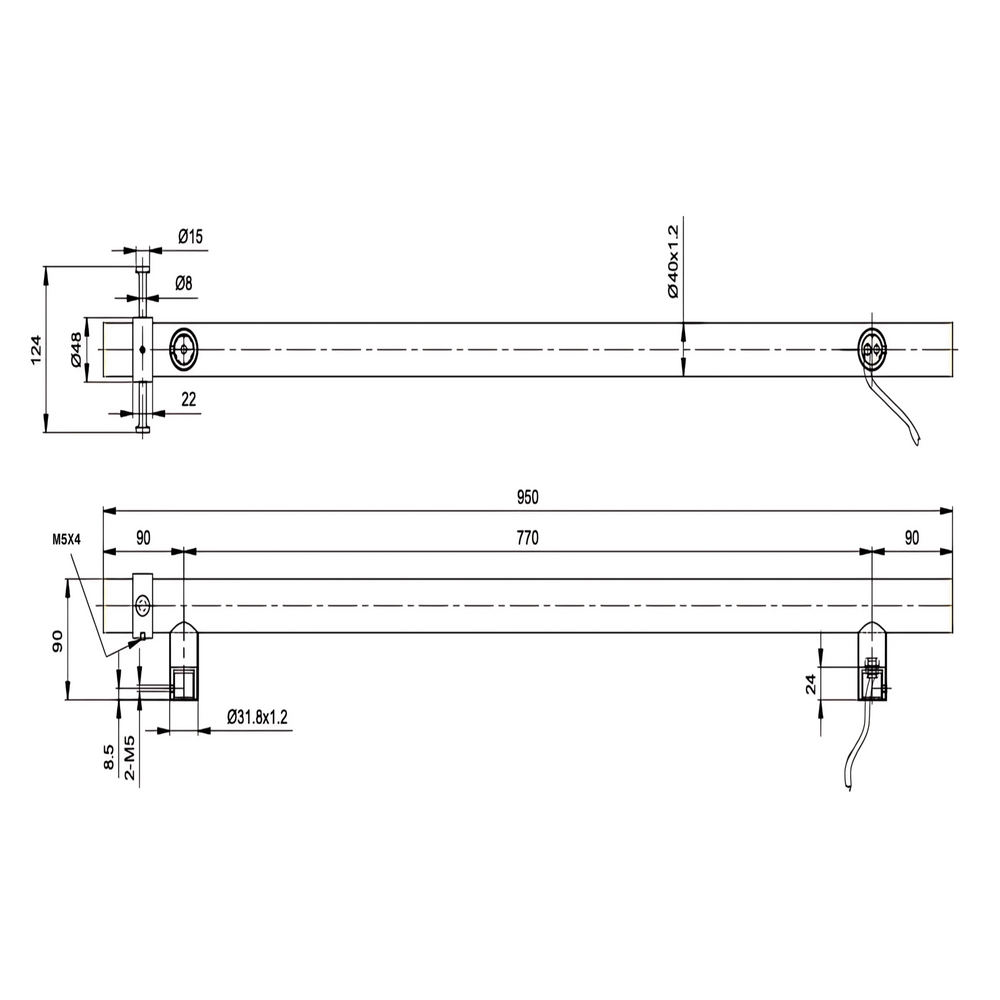 Linsol Allegra Round Vertical Heated Towel Rail with T-Bar dimensions